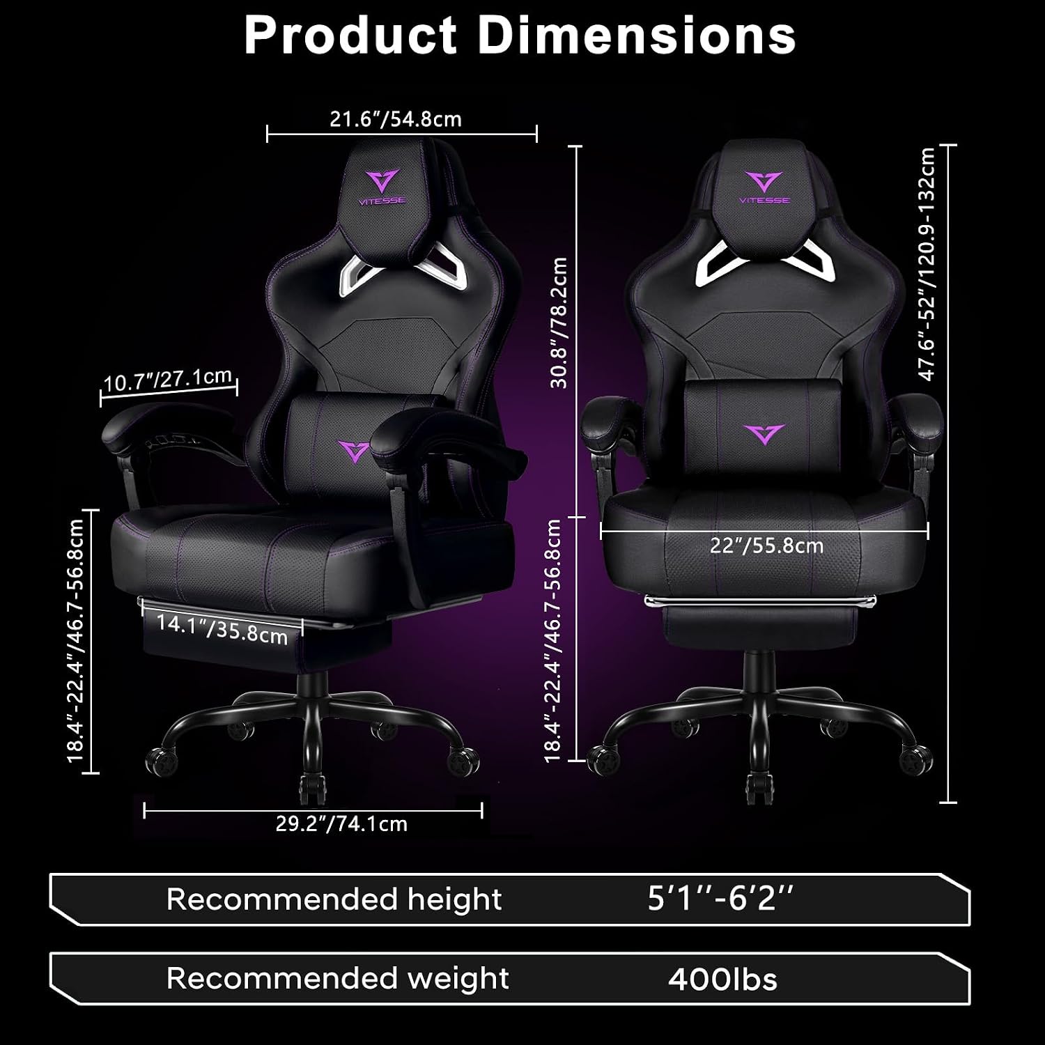 VITESSE Big and Tall Gaming Chair 400lb Weight Capacity with Footrest, Ergonomic Video Game Chair for Adults with Oversized Headrest and Lumbar Pillow, Computer Chair Gaming for Office (Black+Purple)