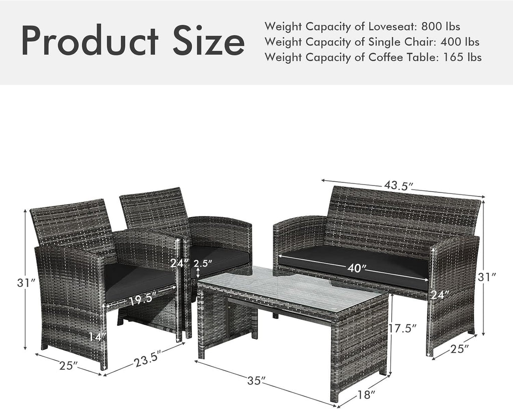 Goplus 4-Piece Rattan Patio Furniture Set, Outdoor Wicker Conversation Sofa with Weather Resistant Cushions and Tempered Glass Tabletop for Lawn Backyard Pool Garden (Black)