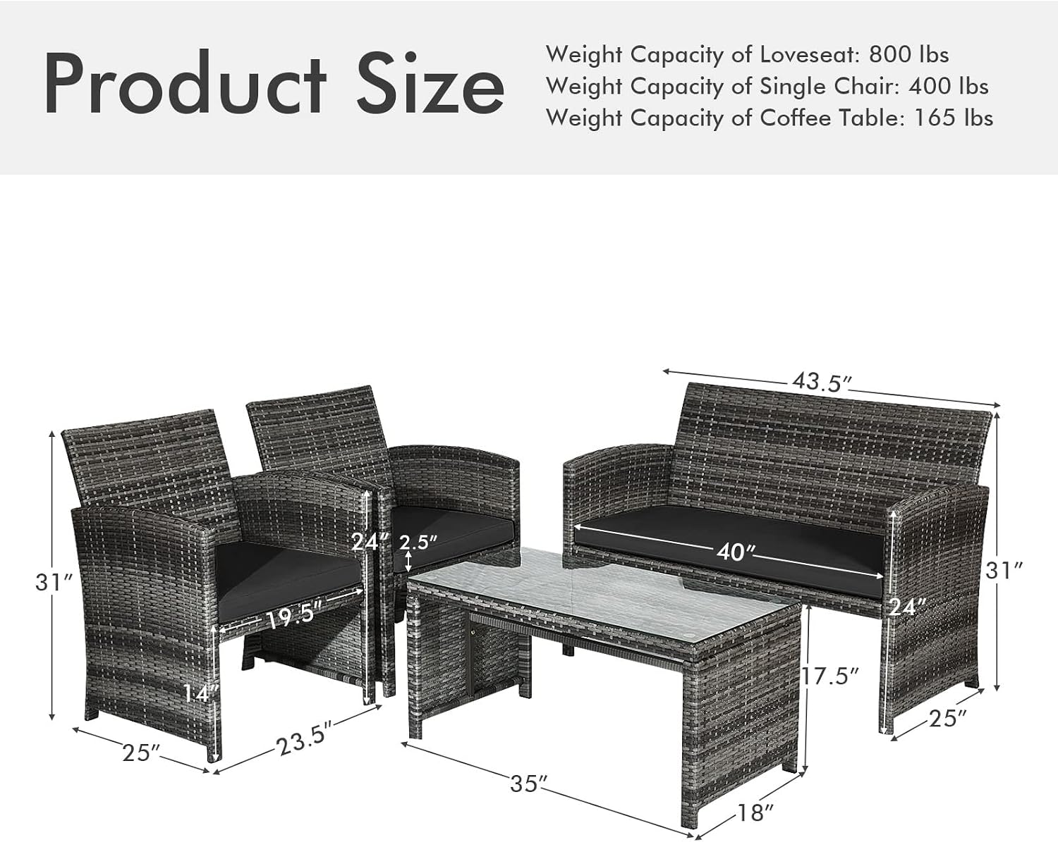 Goplus 4-Piece Rattan Patio Furniture Set, Outdoor Wicker Conversation Sofa with Weather Resistant Cushions and Tempered Glass Tabletop for Lawn Backyard Pool Garden (Black)