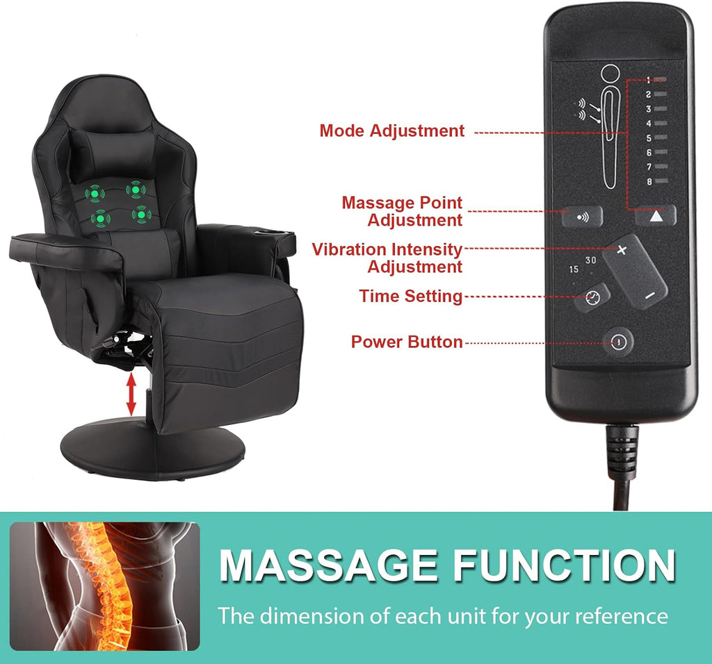 LVUYOYO Reclining Gaming Chair, Gaming Chair with Footrest and Massage, High Back PU Leather Gaming Recliner w/Adjustable Height, Swivel Game Chair with Lumbar Support, Cup Holder, Headrest
