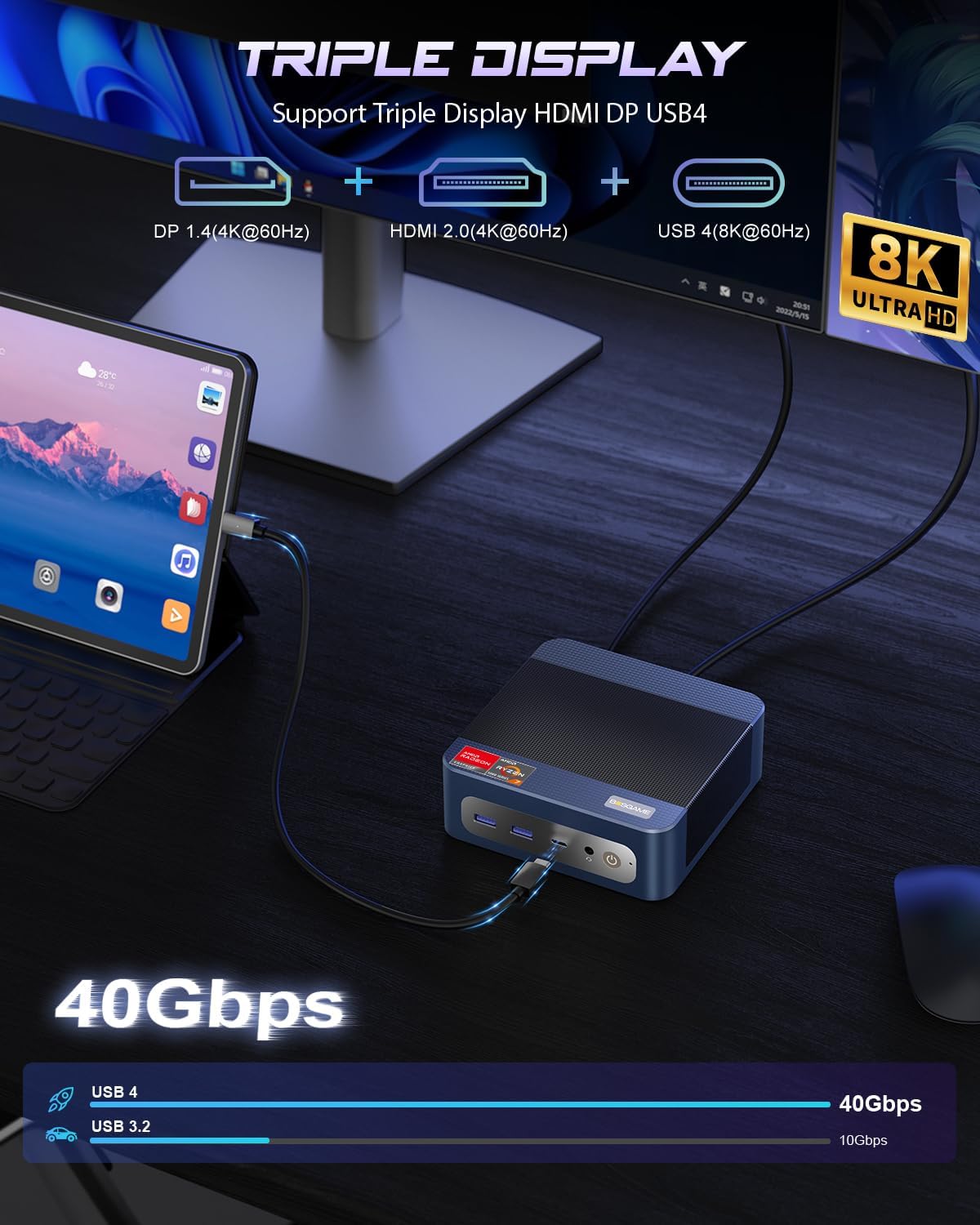 BOSGAME P3 Mix Mini PC, Mini Desktop with Ryzen 7640HS (up to 5.0 GHz), 16GB DDR5, 512GB PCIe SSD, 4K Triple Display, USB 4.0, Dual 2.5G LAN & Wi-Fi 6E & BT5.2, for Home Office Gaming