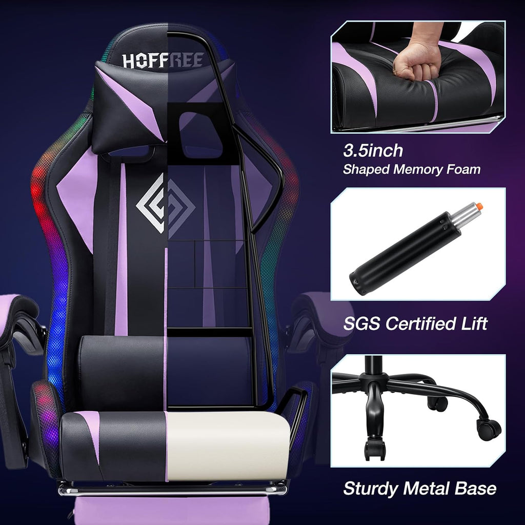 HOFFREE Gaming Chair with LED RGB Lights and Massage Ergonomic Computer Chair with Footrest High Back Video Game Chair with Adjustable Lumbar Support Linkage Armrest Purple and Black