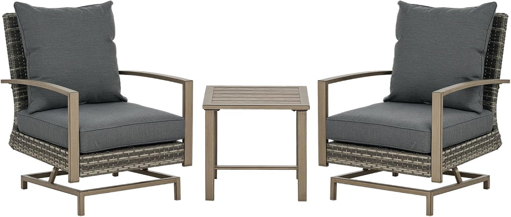 Outsunny 3-Piece Patio Wicker Bistro Set with Cushions, Aluminum Frame Outdoor PE Rattan Conversation Furniture with 2 Rocking Chairs, Slat Top Coffee Table for Porch, Backyard, Garden, Dark Gray
