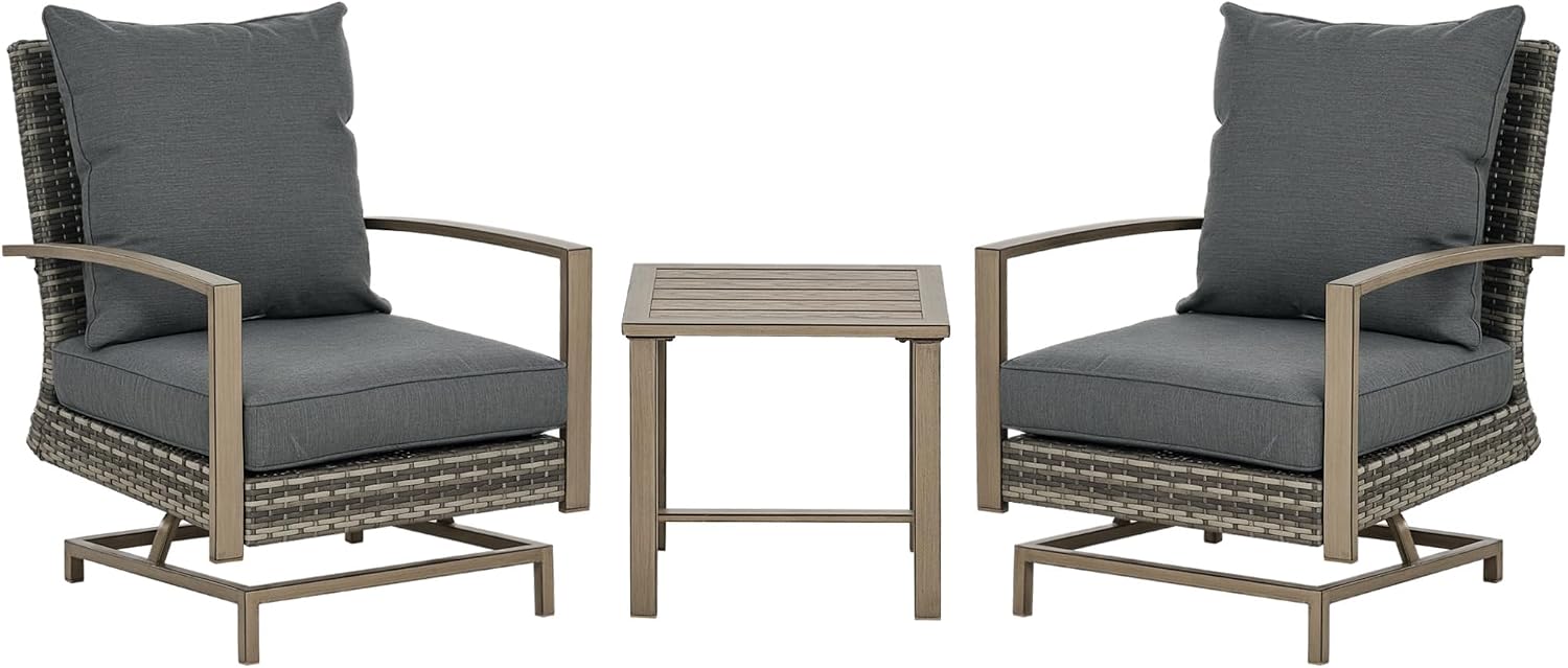 Outsunny 3-Piece Patio Wicker Bistro Set with Cushions, Aluminum Frame Outdoor PE Rattan Conversation Furniture with 2 Rocking Chairs, Slat Top Coffee Table for Porch, Backyard, Garden, Dark Gray
