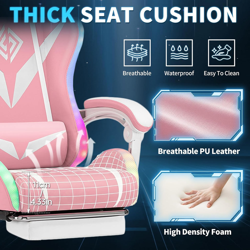 Gaming Chair Pink Massage with Bluetooth Speakers and RGB LED Lights Cute Ergonomic Computer Massage Gaming Chair with Footrest Music Video Game Chair High Back with Lumbar Support Pink and White