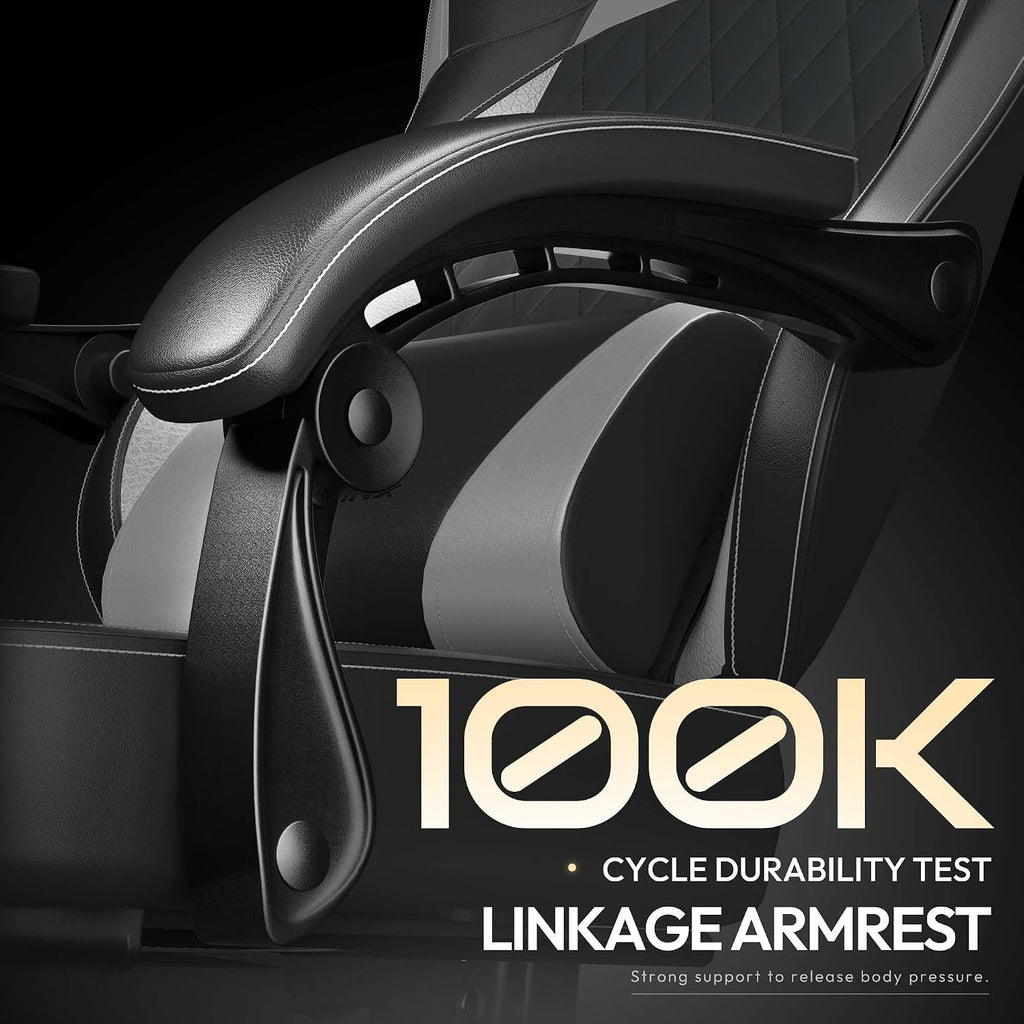 Dowinx Gaming Chair with Pocket Spring Cushion, Ergonomic Computer Chair with Massage Lumbar and Footrest for Adults, High Back Game Chair Leather for Office Gaming 300LBS, Grey New