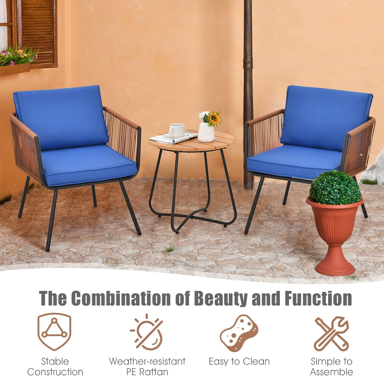 Tangkula 3 Pieces Patio Bistro Set, Outdoor Conversation Chair Set with Coffee Table, Modern Furniture Set with Soft Cushions, Suitable for Porch Backyard Garden Poolside (Navy Blue)