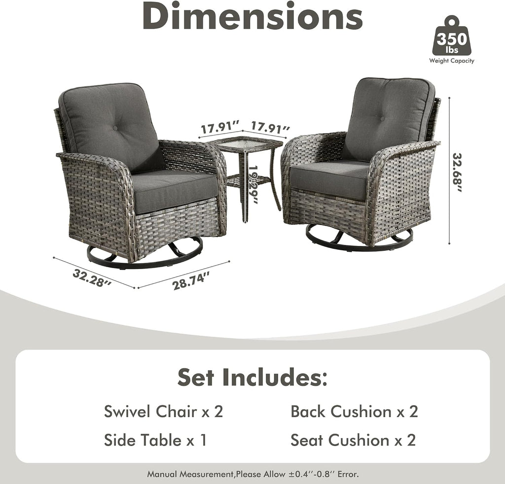CAODOC 3-Piece Swivel Rocking Rattan Chair Outdoor, Patio Bistro Furniture Conversation Set, Wicker Chair with Coffee Table Black