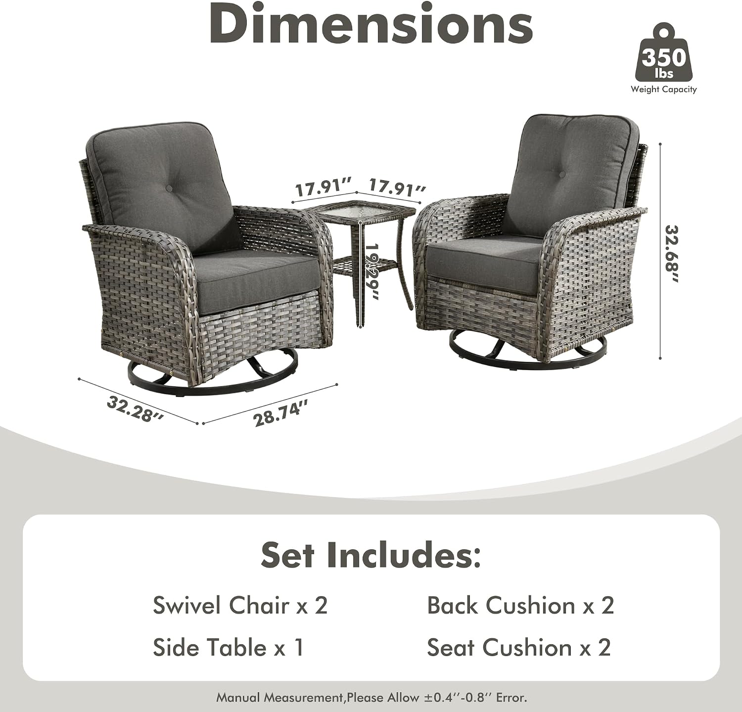 CAODOC 3-Piece Swivel Rocking Rattan Chair Outdoor, Patio Bistro Furniture Conversation Set, Wicker Chair with Coffee Table Black