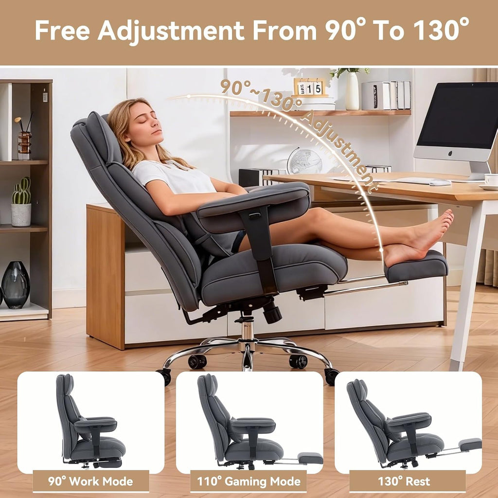 Efomao Big and Tall Office Chair with Footrest, 350lbs Heavy Duty Desk Chair, Extra Wide High Back Executive Office Chair for Long Hours, Reclining Home Office Chair with Breathable Fabric, Blue Grey