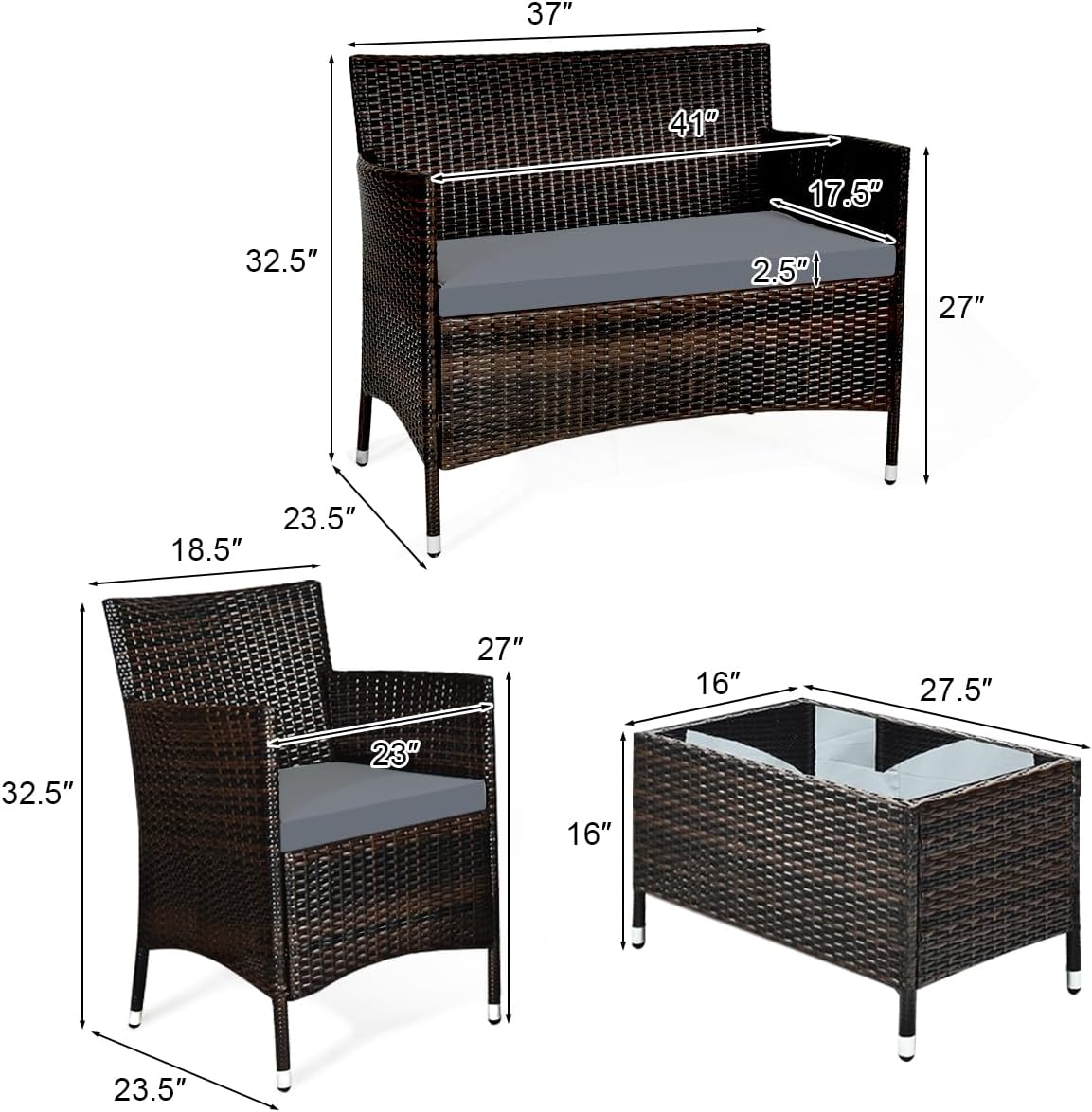 COSTWAY 4PCS Rattan Patio Furniture Set, Outdoor Wicker Rattan Chairs with Coffee Table, Rattan Cushioned Conversation Set for Backyard Balcony Porch Poolside, Grey