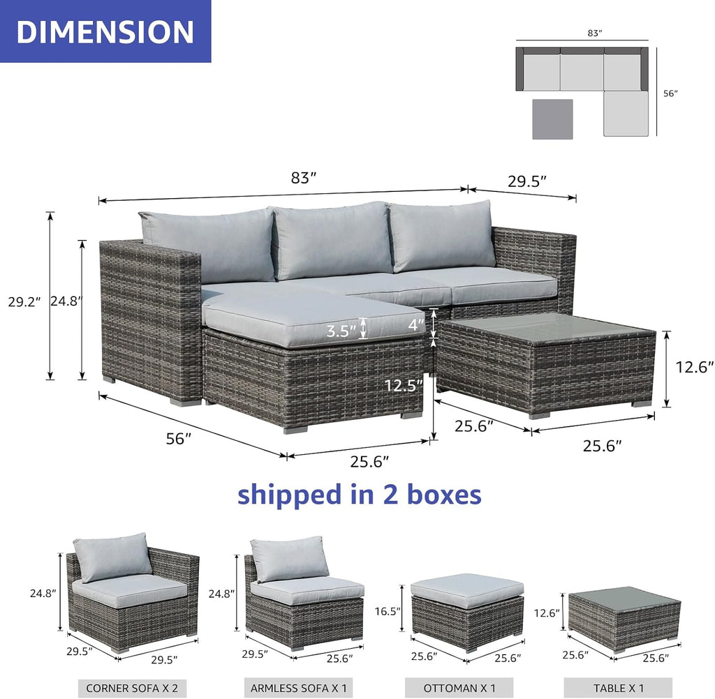 Patiorama 5 Piece Outdoor Patio Furniture Set, Sectional Conversation All-Weather Grey PE Wicker w/Light Cushions, Backyard Porch Garden Poolside Balcony Set