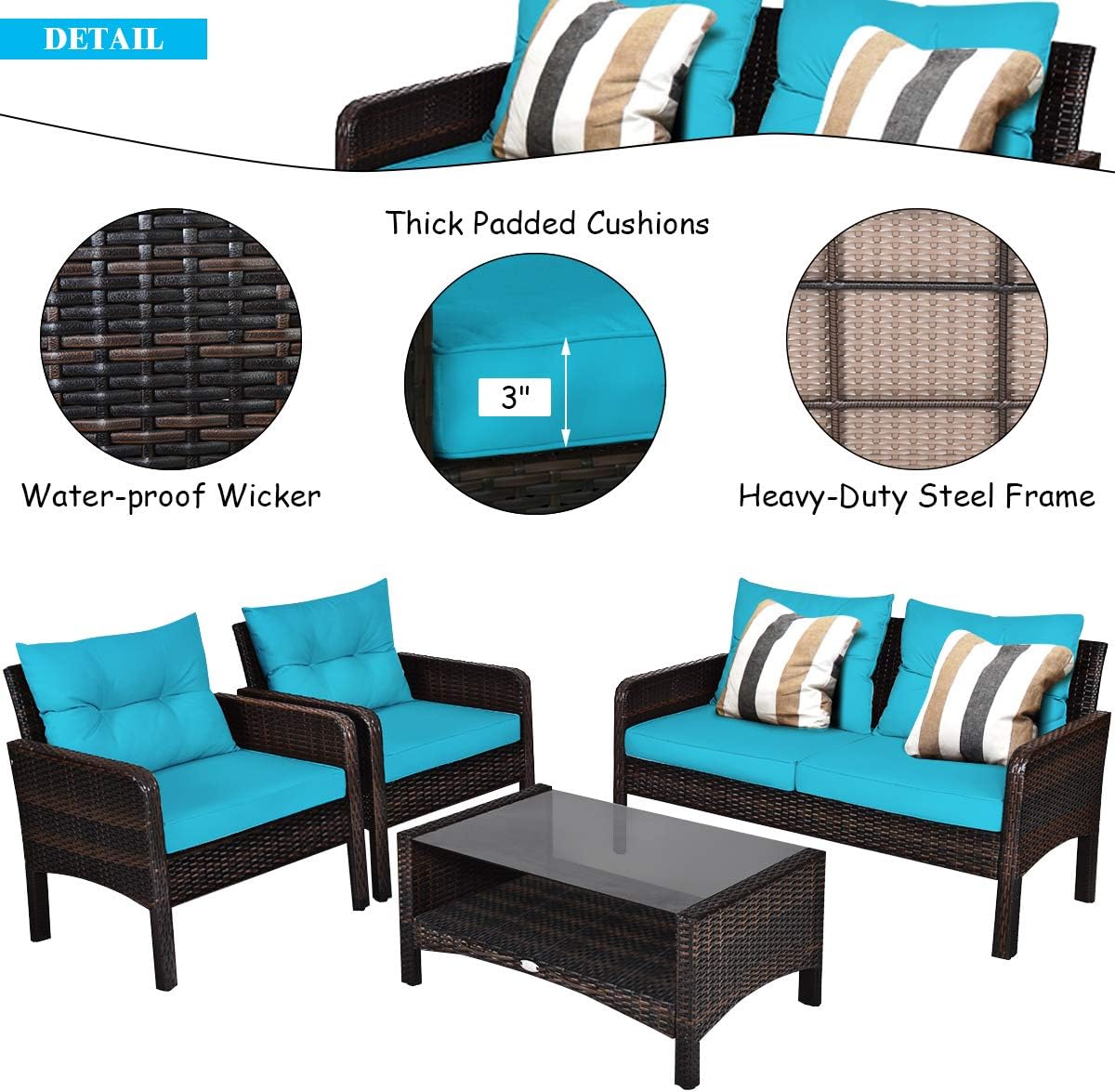 COSTWAY 4-Piece Patio Furniture Set, Sectional Wicker Rattan Sofa Chair with Cushion, Loveseat, Coffee Table with Tempered Glass and Shelf, Outdoor Conversation Sets for Poolside Porch (Turquoise)