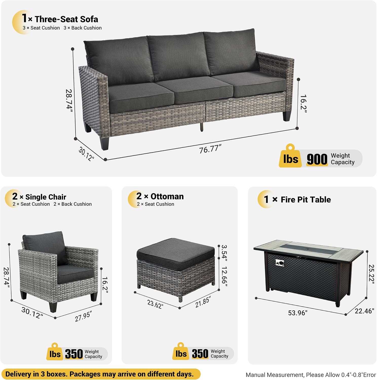 ovios 6 Pieces Patio Furniture Set with 54' Fire Pit Table, Outdoor Wicker Sofa with Comfy Cushions, All Weather High Back Rattan Couch Conversation Set, Black