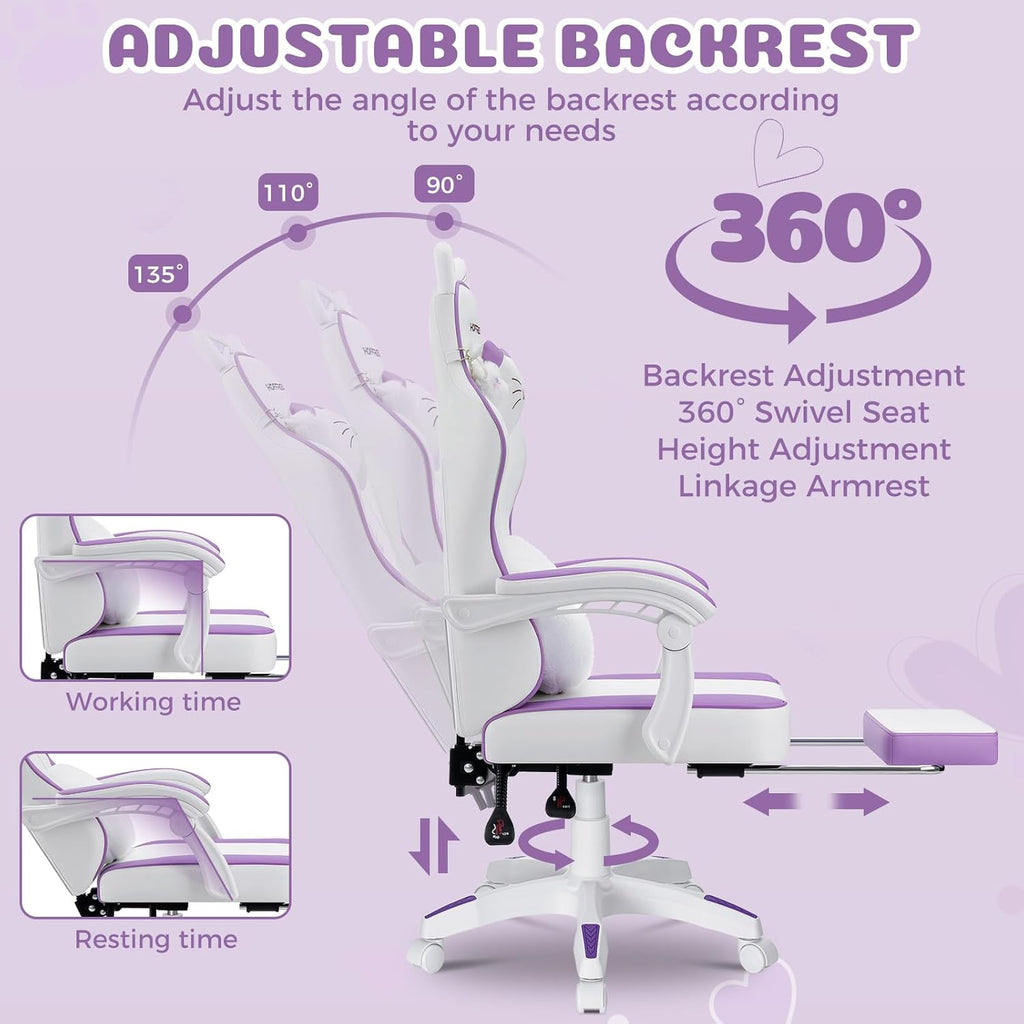 HOFFREE Gaming Chair for Girls with Cat Ears Massage Lumbar Computer Chair Game Chairs for Adults