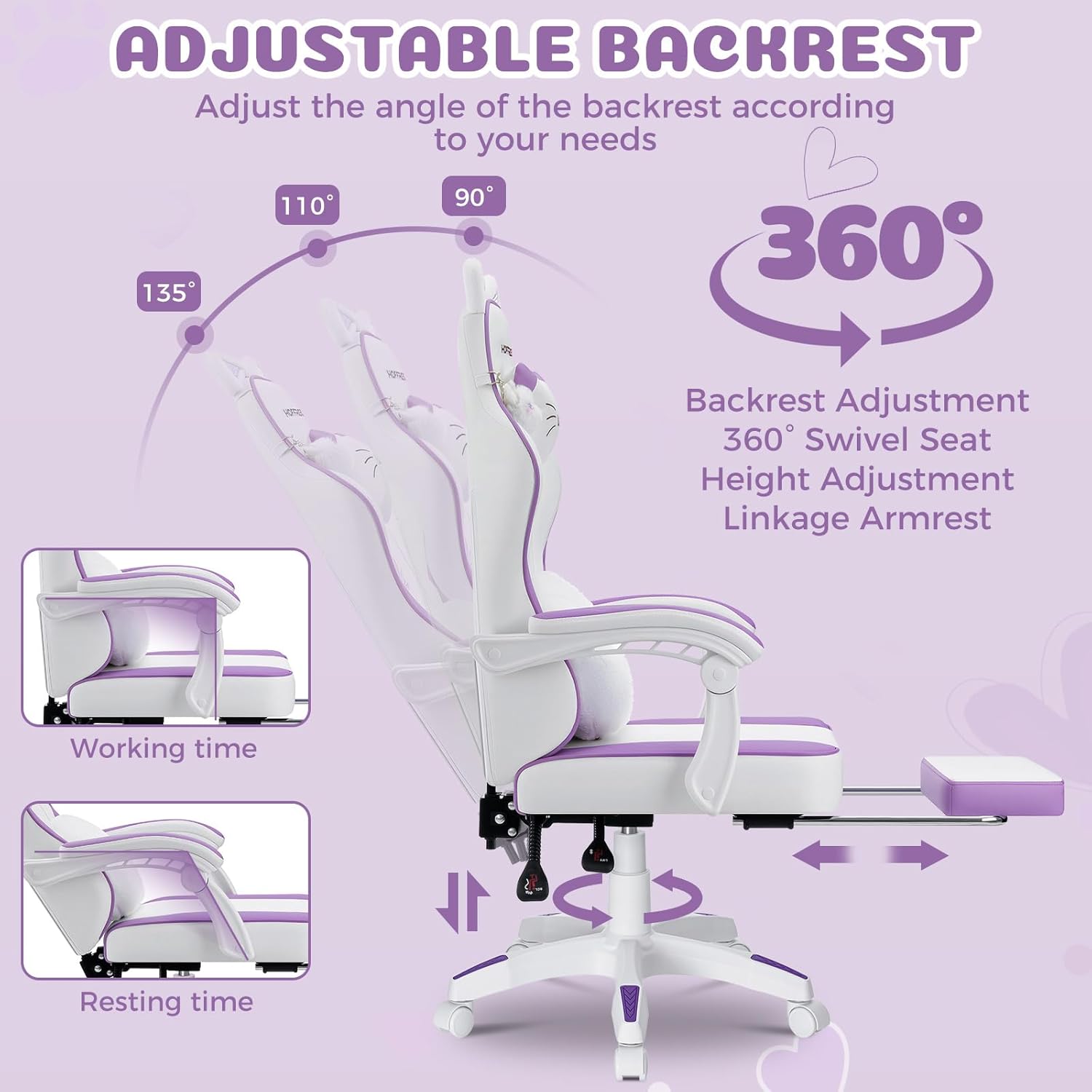 HOFFREE Gaming Chair for Girls with Cat Ears Massage Lumbar Computer Chair Game Chairs for Adults