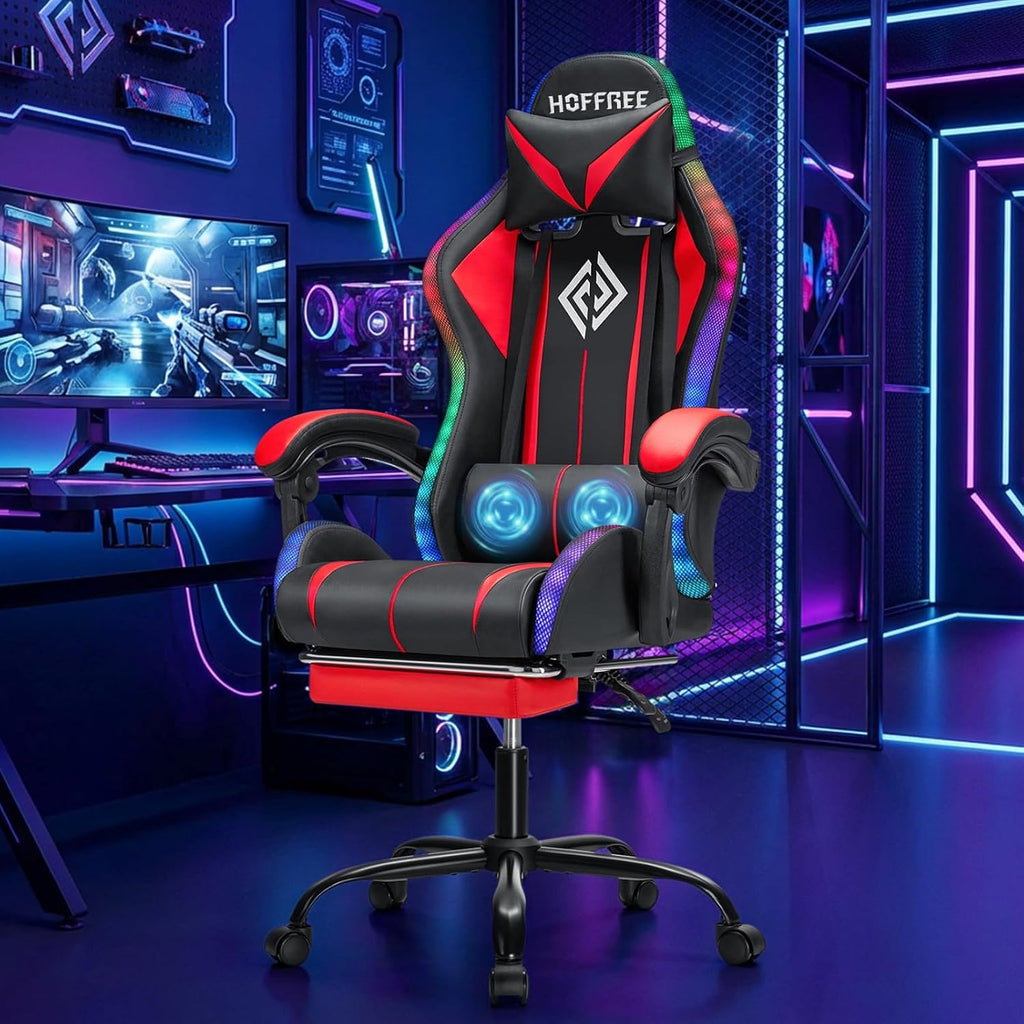 RGB Gaming Chair Massage with LED Lights and Footrest Ergonomic Computer Gaming Chair with High Back Video Game Chair with Adjustable Lumbar Support Red and Black