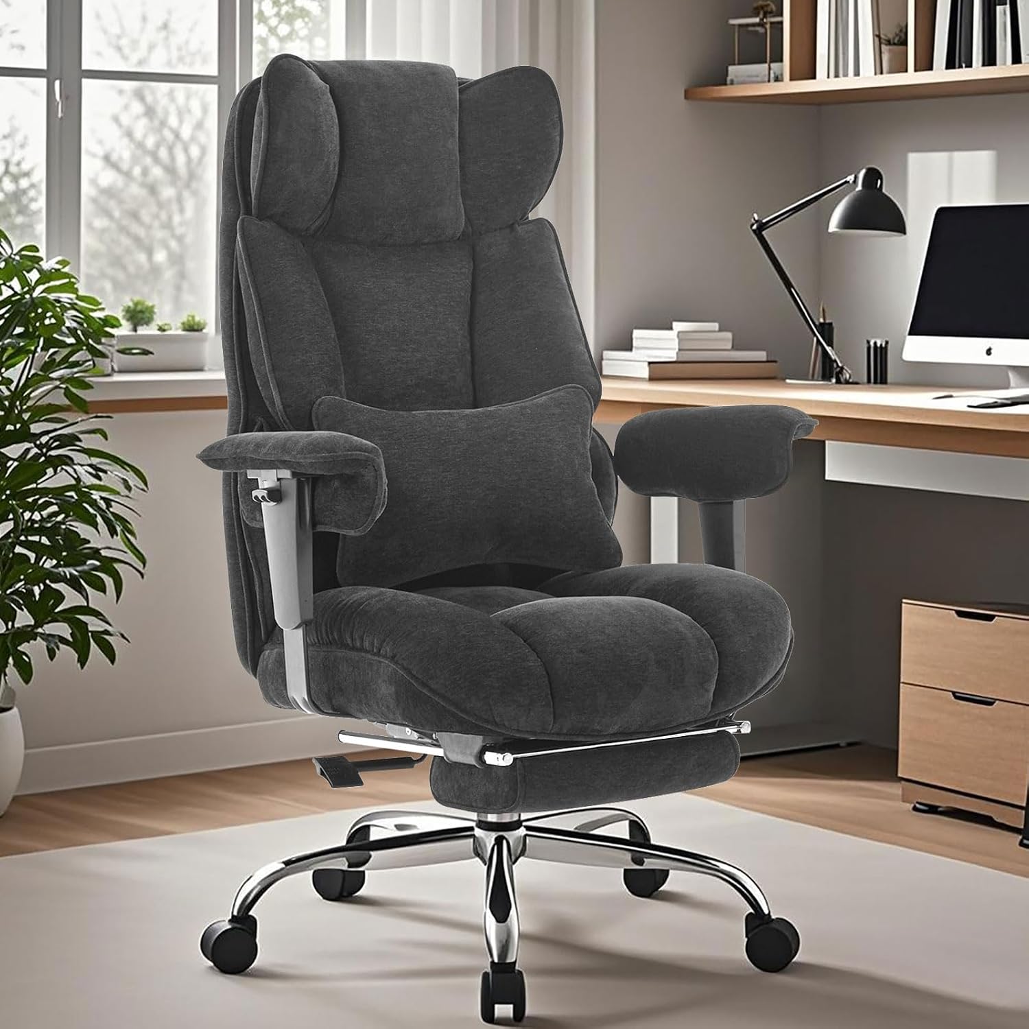Efomao Executive Office Chair, Soft-Cushioned Computer Chair with Foot Rest, Fabric Home Office Desk Chairs, Big and Tall Office Chairs, Black
