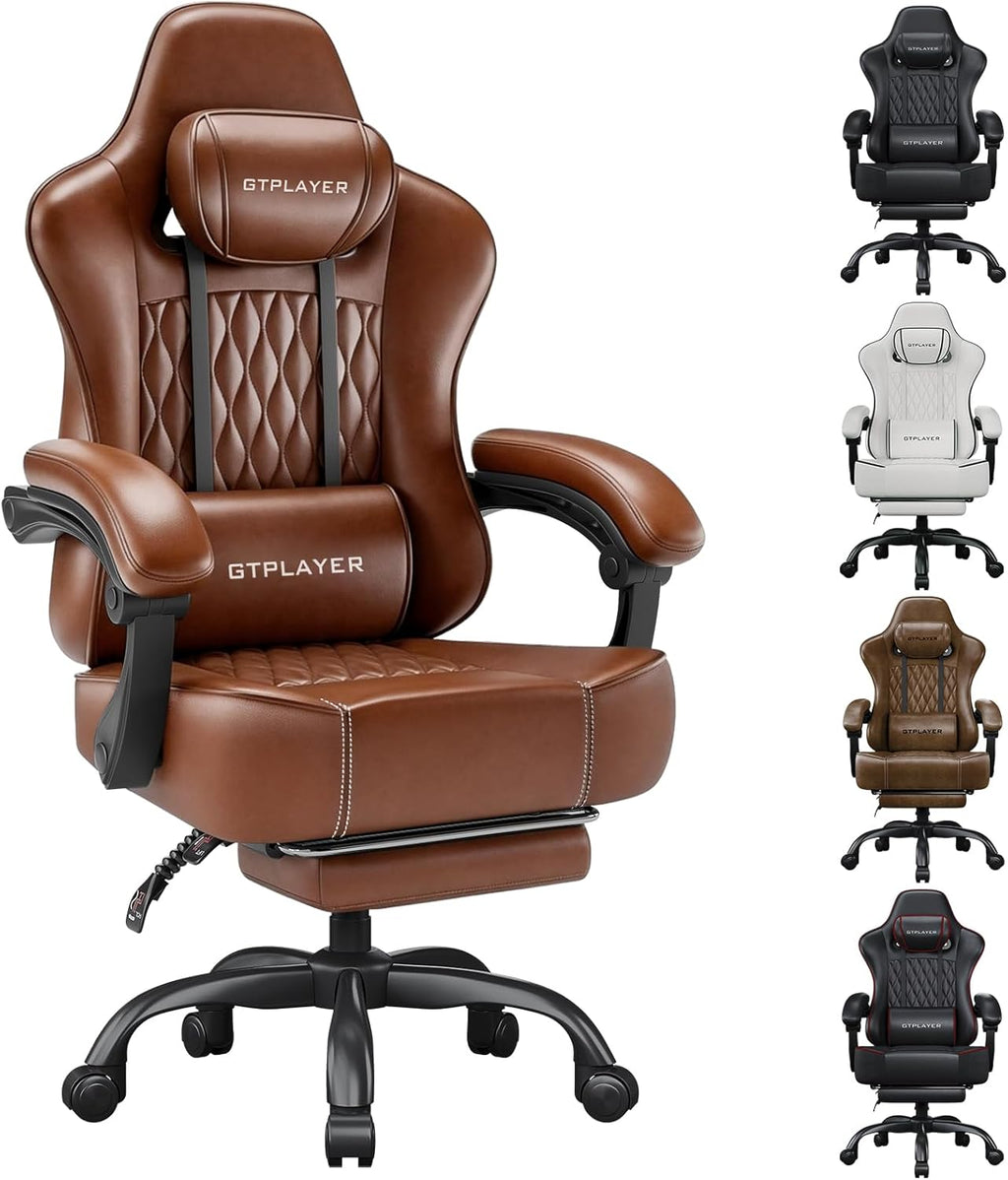 GTPLAYER Big and Tall Gaming Chair with Footrest, Ergonomic Office Desk Chair with 4.4in Thick Cushion and Wide Wingless Seat, Comfortable Leather Computer Chair, Predator Series, Chocolate Brown