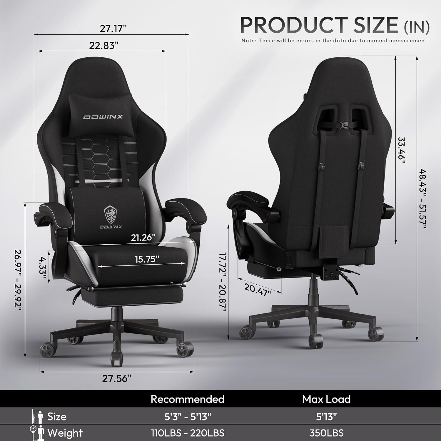 Dowinx Big and Tall Gaming Chair Fabric with Footrest Pocket Spring Cushion for Home Office, High Back Recliner Height Adjustable Ergonomic Comfy Cloth Computer Desk Chair, Black White