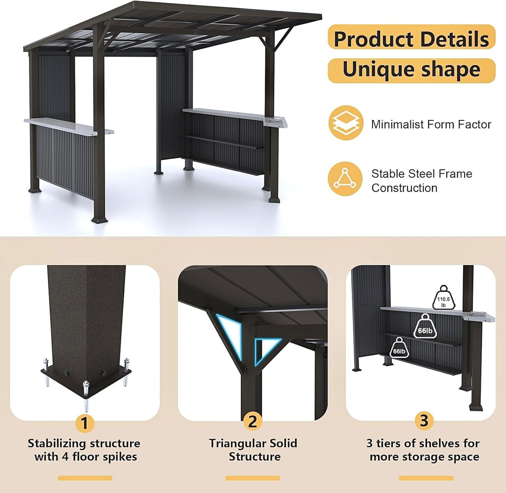 Gotland 10 FT x 10 FT Hardtop Grill Gazebo, BBQ Gazebo with 2 Extended Countertop 2 Side Shelves Drainage Holes Sloping Roof, Metal BBQ Canopy in 2 Combination Styles, for Patio Backyard Black