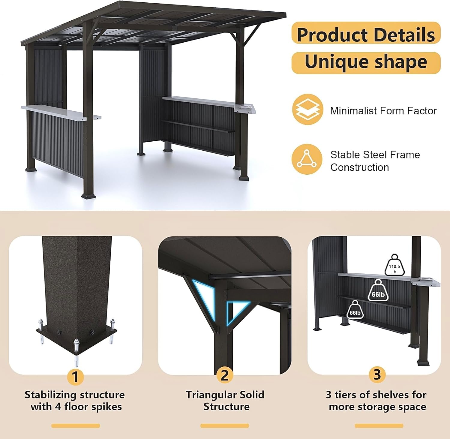 Gotland 10 FT x 10 FT Hardtop Grill Gazebo, BBQ Gazebo with 2 Extended Countertop 2 Side Shelves Drainage Holes Sloping Roof, Metal BBQ Canopy in 2 Combination Styles, for Patio Backyard Black