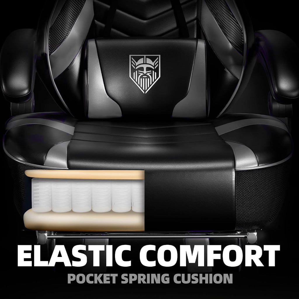 Vonesse Gaming Chair, Big and Tall Gaming Chair with Footrest and Massage, Gaming Chairs for Adults with Lumbar Support, Ergonomic High Back Computer Chair with Pocket Spring Cushion (Grey/Black)