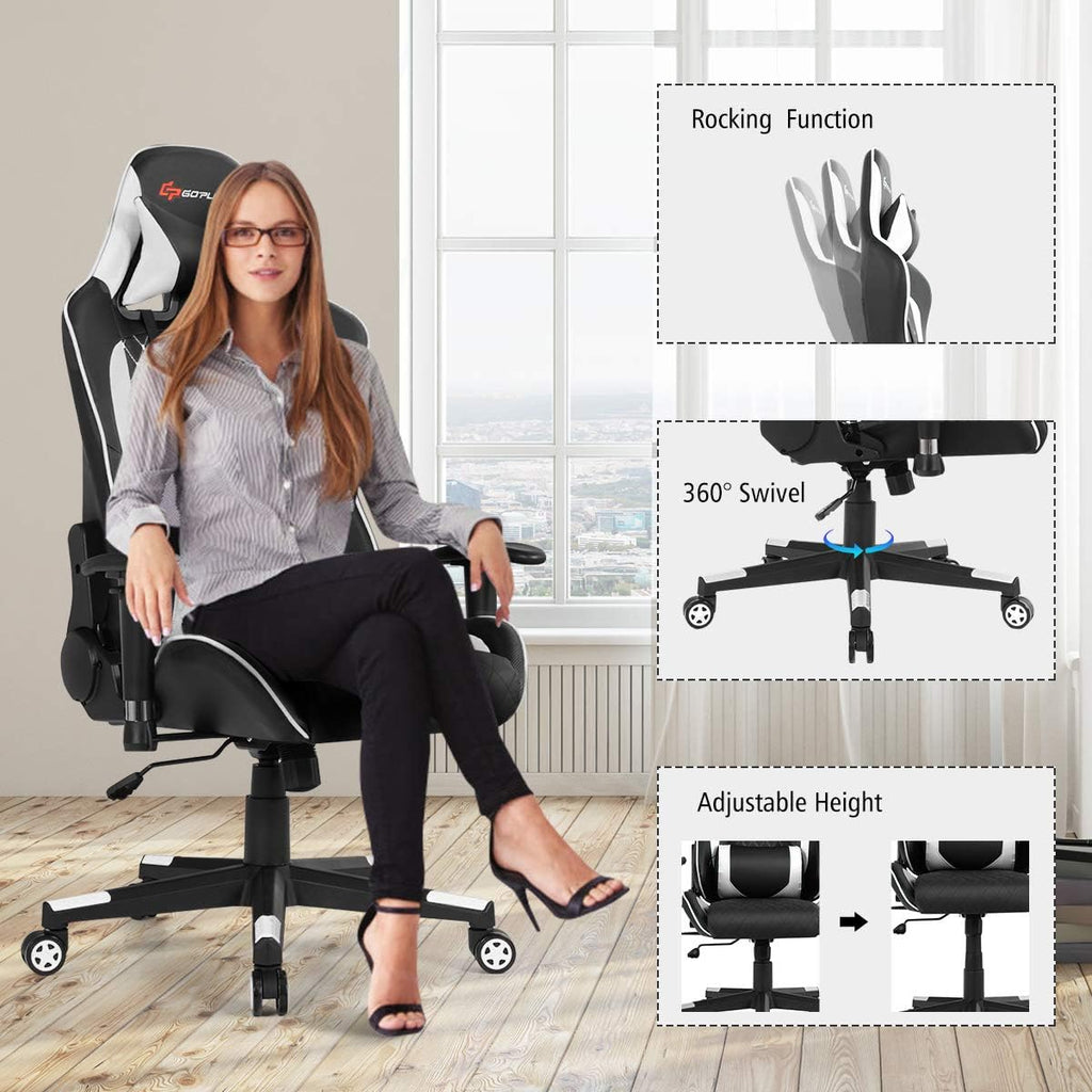 Goplus Massage Gaming Chair, Reclining Backrest Handrails and Seat Height Adjustment Racing Computer Office Chair, Ergonomic High Back Embroidered PU Swivel Game Chair with Headrest and Lumbar Cushion