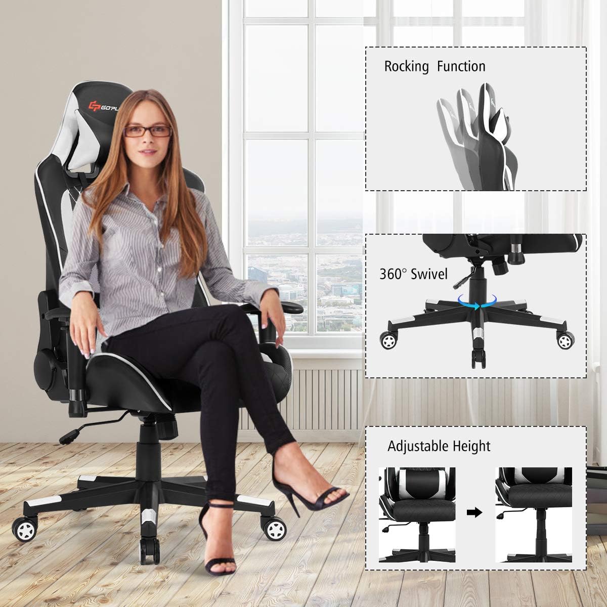 Goplus Massage Gaming Chair, Reclining Backrest Handrails and Seat Height Adjustment Racing Computer Office Chair, Ergonomic High Back Embroidered PU Swivel Game Chair with Headrest and Lumbar Cushion