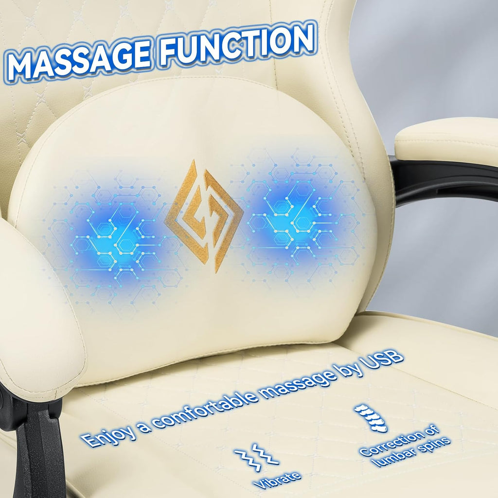 HOFFREE Gaming Chair with Speakers Massage Computer Gaming Chair with Pocket Spring Cushion for Adults Reclining Gamer Chair with Bluetooth Video Game Chairs with Footrest Ivory