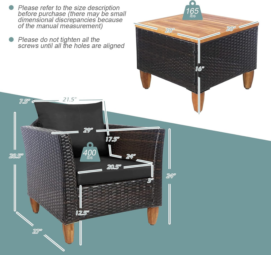 Tangkula 3-Piece Patio Furniture Set, Patiojoy Outdoor PE Wicker Bistro Set with Soft Cushions and Solid Acacia Wood, Outdoor Conversation Set with Porch, Balcony and Garden (Black)