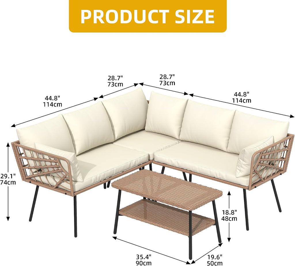 DWVO Outdoor Sectional Sofa 4 Piece 5-Seater Rattan Patio Furniture Set with 2-Tier Coffee Table&Cushions L Shape Couch Boho Conversation Sets for Garden Porch Backyard Relaxation