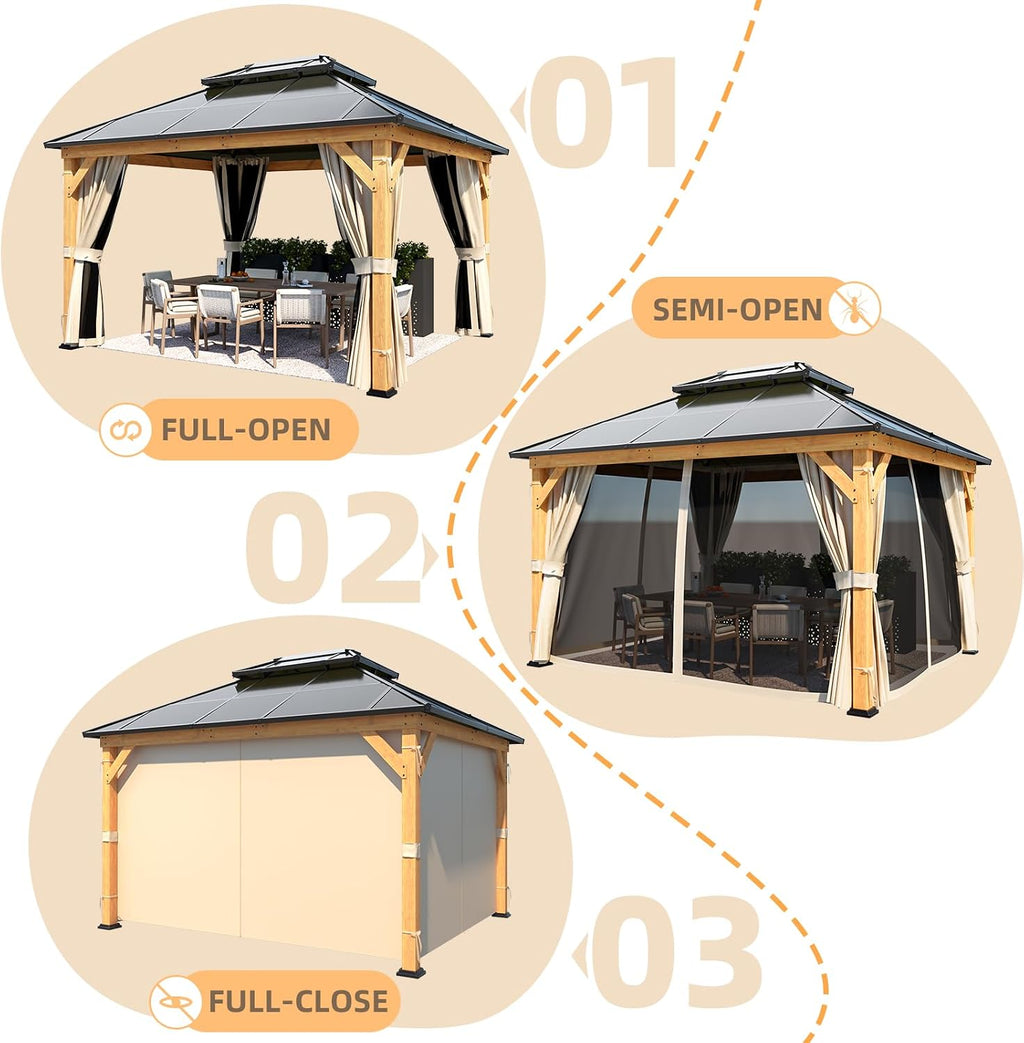 YOLENY 11'x13' Hardtop Gazebo, Wood Outdoor Gazebos with Polycarbonate Double Roof, Netting and Curtains for Decks, Backyards, Lawns and Garden