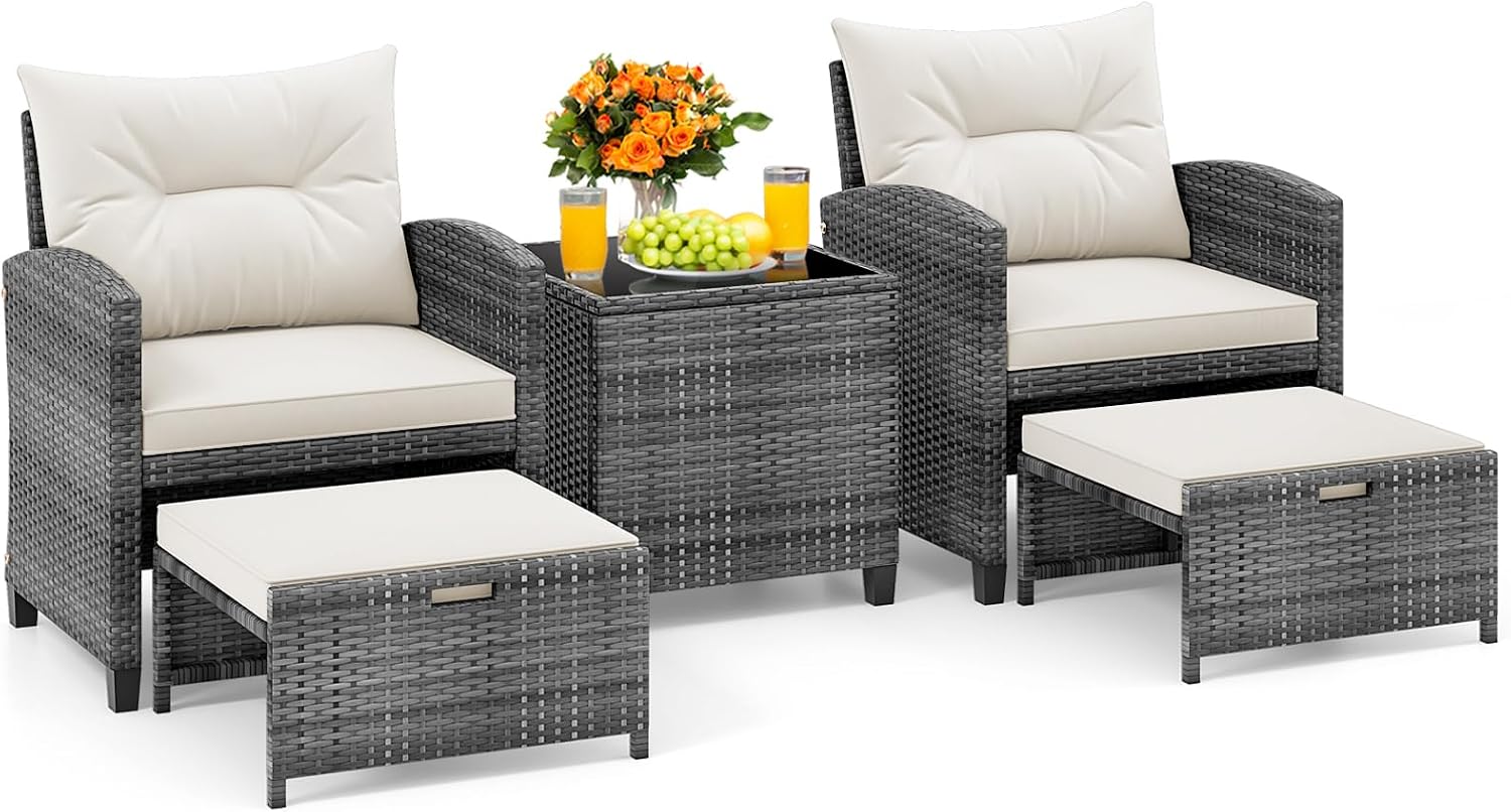KOTEK 5 Pieces Patio Furniture Set with Ottomans, Wicker Patio Conversation Set with Coffee Table & Cushions, PE Rattan Outdoor Lounge Chairs for Backyard, Porch, Poolside (Mix Grey- Off White)
