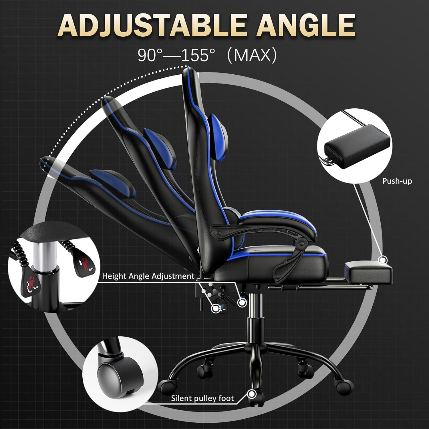 Ergonomic Gaming Chair with Footrest, PU Leather Video Game Chairs for Adults, 360°Swivel Adjustable Office Chair Gamer Chair, Comfortable Computer Chair for Heavy People (Blue)