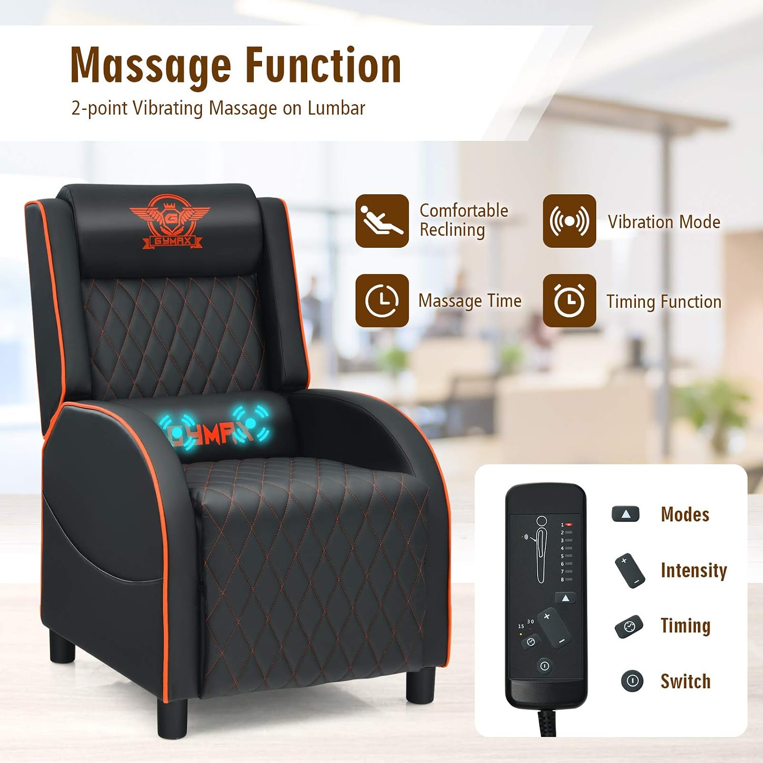 GYMAX Massage Gaming Recliner Chair, Ergonomic Racing Style Single Sofa with Adjustable Headrest, Backrest & Footrest, Home Theater Sofa for Living Room Office (Orange)