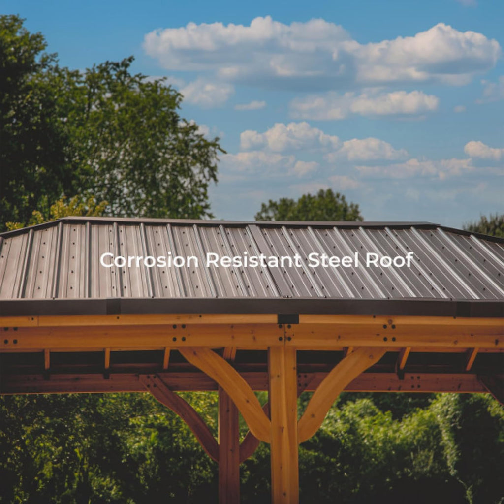 Backyard Discovery Barrington 24' x 12' Cedar Wood Outdoor Gazebo Pavilion with Hardtop Galvanized Steel Hip Roof, Snow Support, Wind Resistance, PowerPort, Shade for Garden, Patio, Deck, Entertaining
