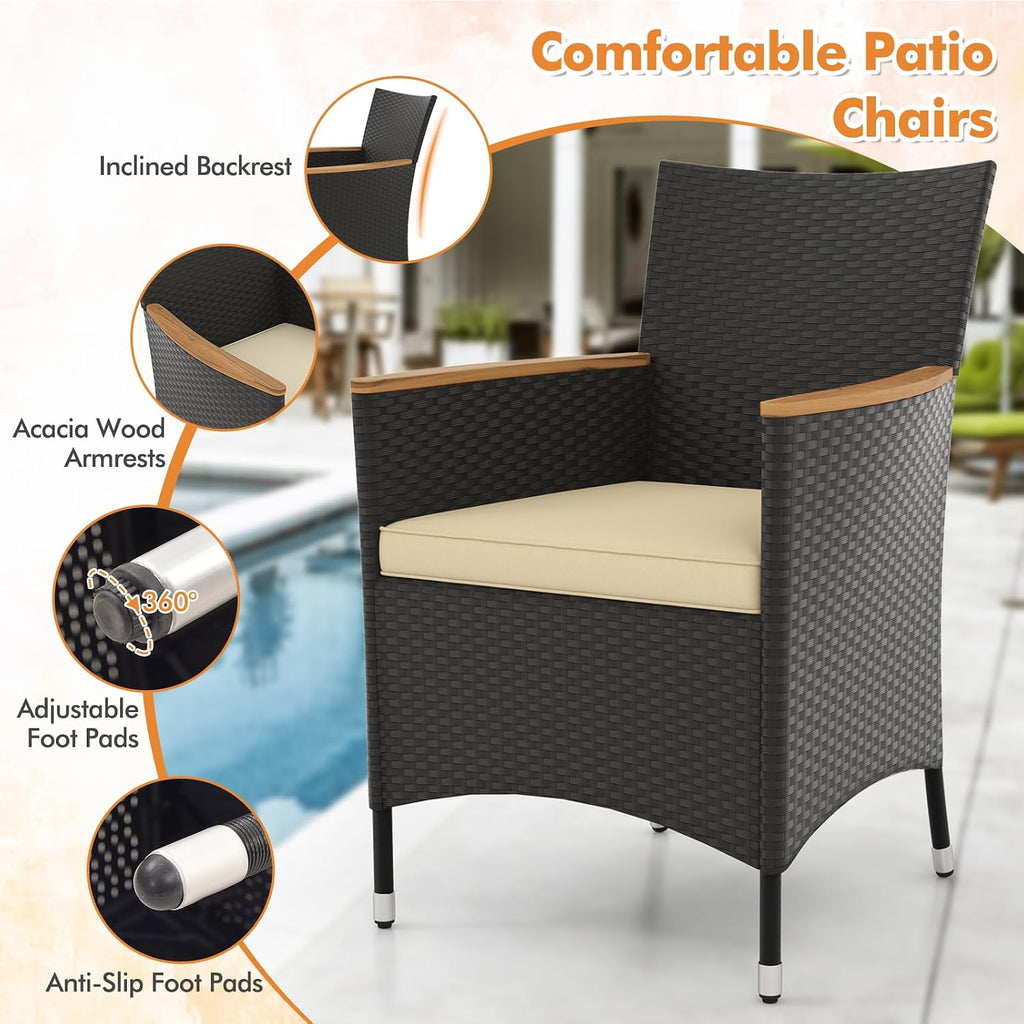 COSTWAY 5-Piece Patio Dining Set for 4, Outdoor Rattan Wicker Table and Chairs Furniture Set with Umbrella Hole, Acacia Wood Tabletop for Backyard, Balcony, Poolside, Black & Beige