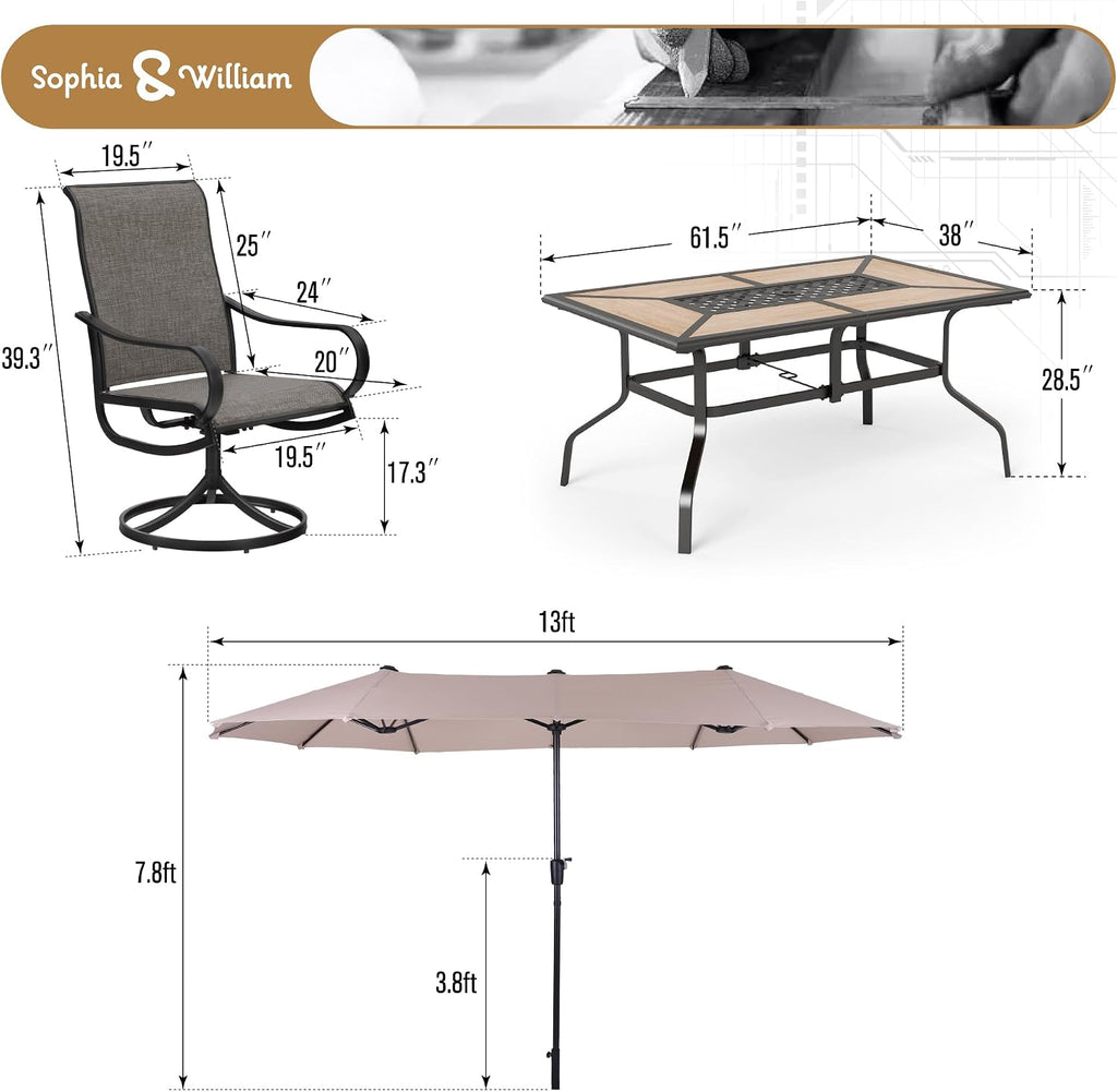 Sophia & William Patio Set with Umbrella Patio Dining Set for 6 with 13ft Rectangle Patio Umbrella Beige, 6 x Patio Chairs Brown, 1 Wood Like Outdoor Dining Table with Umbrella Hole for Lawn Garden