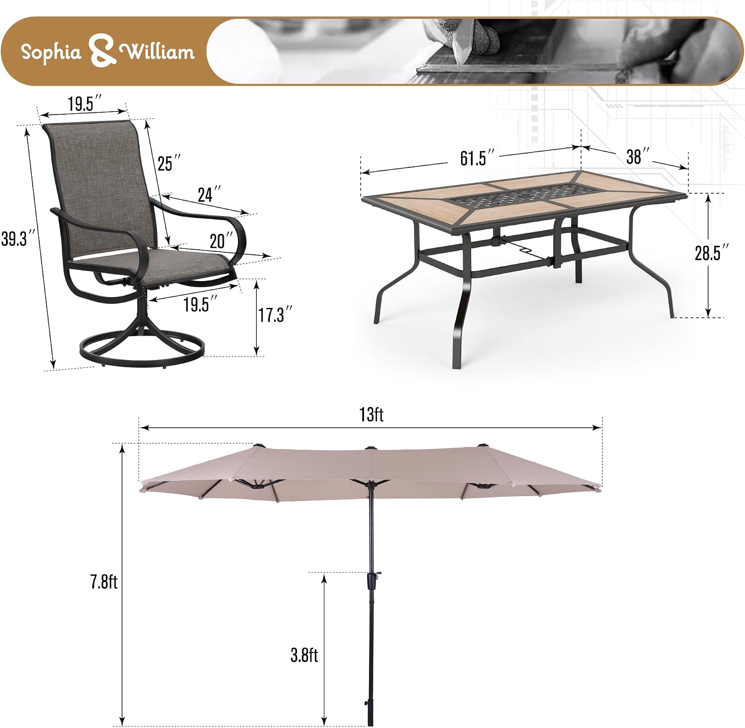 Sophia & William Patio Set with Umbrella Patio Dining Set for 6 with 13ft Rectangle Patio Umbrella Beige, 6 x Patio Chairs Brown, 1 Wood Like Outdoor Dining Table with Umbrella Hole for Lawn Garden