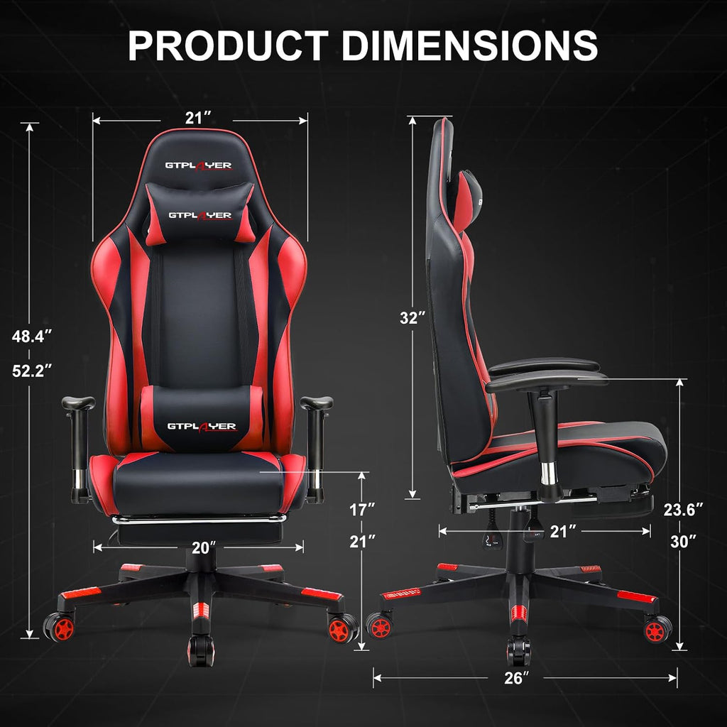 GTPLAYER Gaming Chair with Footrest, Ergonomic Computer Game Desk Chair, Recline Gaming Chair Seat Height Adjustment, Swivel Rocker with Headrest and Lumbar (RED)