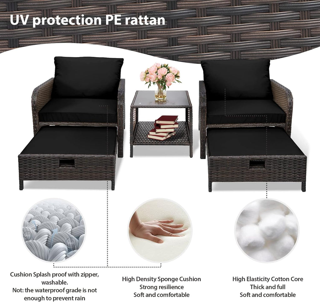 LEVELEVE Balcony Furniture 5 Piece Patio Conversation Set, PE Wicker Rattan Outdoor Lounge Chairs with Soft Cushions 2 Ottoman&Glass Table for Porch, Lawn-Brown Wicker（Black
