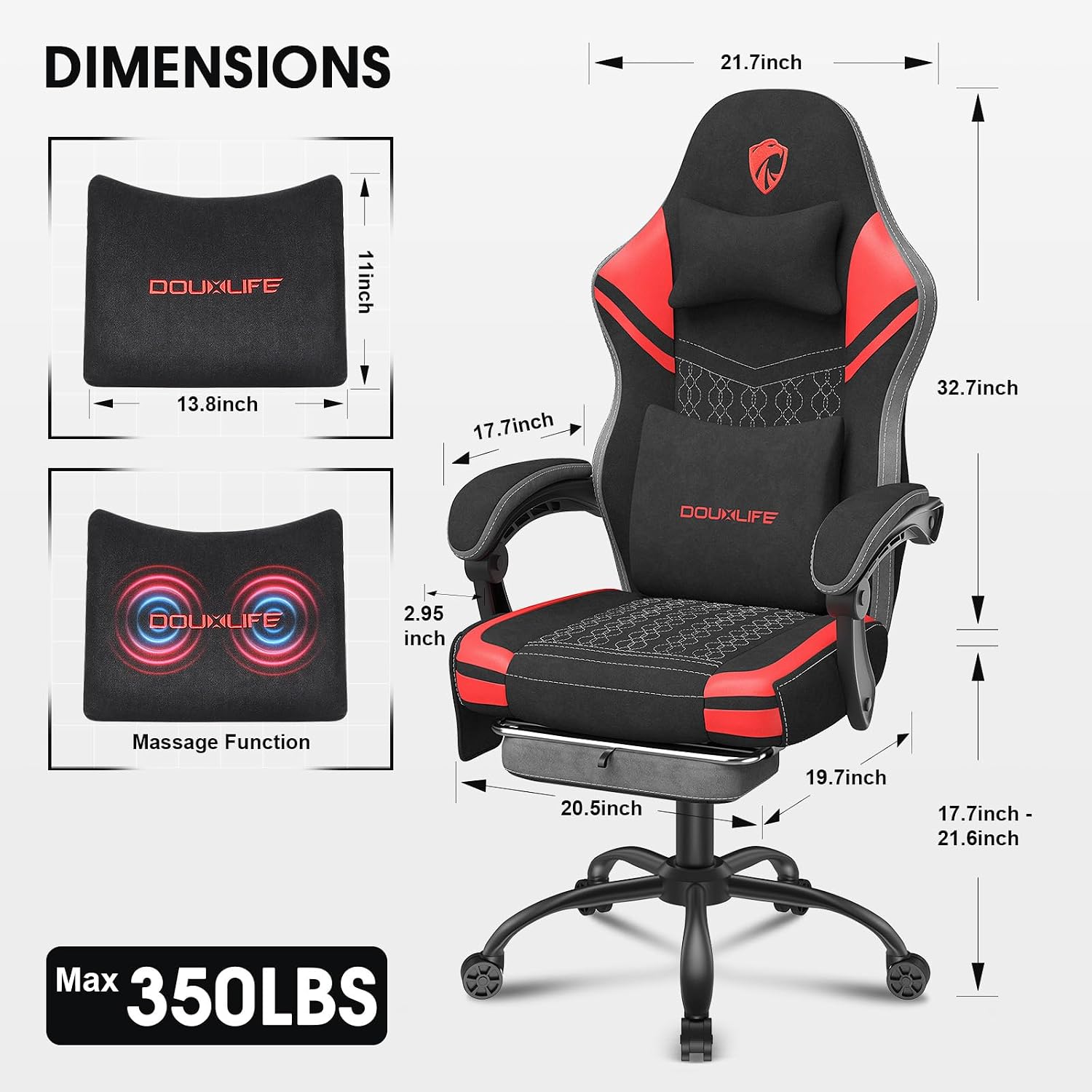 Gaming Chair, Tech Fabric Computer Chair with Massage, Office Chair with Pocket Spring Widened Cushion, High Back Ergonomic Chair with Footrest Lumbar Support Upgraded Metal Legs 350LBS (Red)