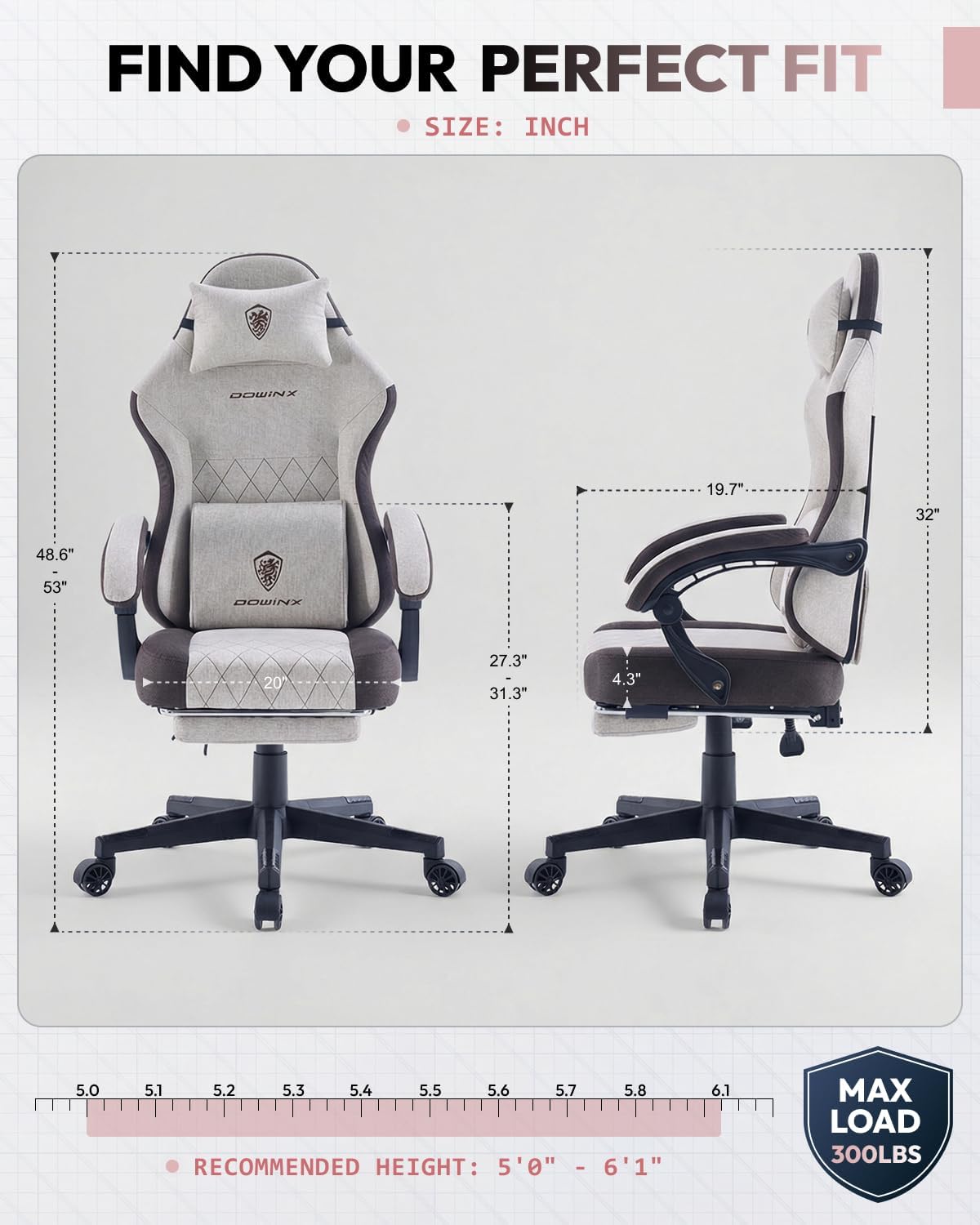 Dowinx Gaming Chair, Fabric Gaming Chairs for Adults with Pocket Spring Cushions and Lumbar Support, Ergonomic Massage Computer Chair with Footrest for Big and Tall, Brown