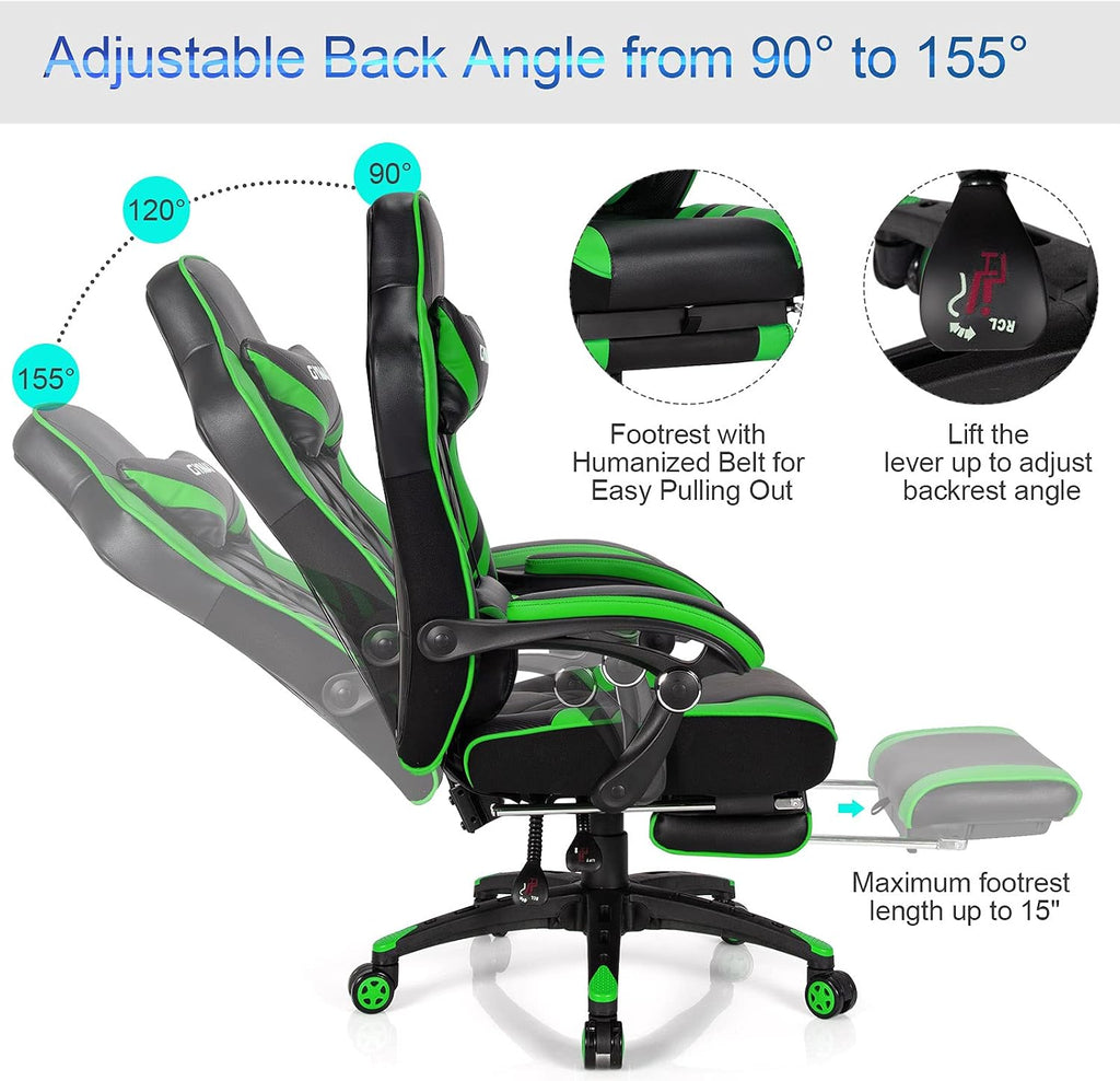 GYMAX Gaming Chair, Ergonomic Computer Chair with Footrest, Linkage Armrests & Lumbar Cushion, Big Wide High Back Video Gaming Chair, Reclining Office Rolling Chair for Adult/Teens (Green)