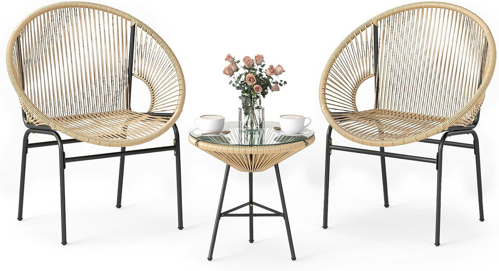 Tangkula 3 Piece Outdoor Patio Furniture Set, Acapulco Chair Set w/Plastic Rope, Tempered Glass Table, All Weather Patio Bistro Set for Patio, Lawn, Garden, Backyard (Brown)