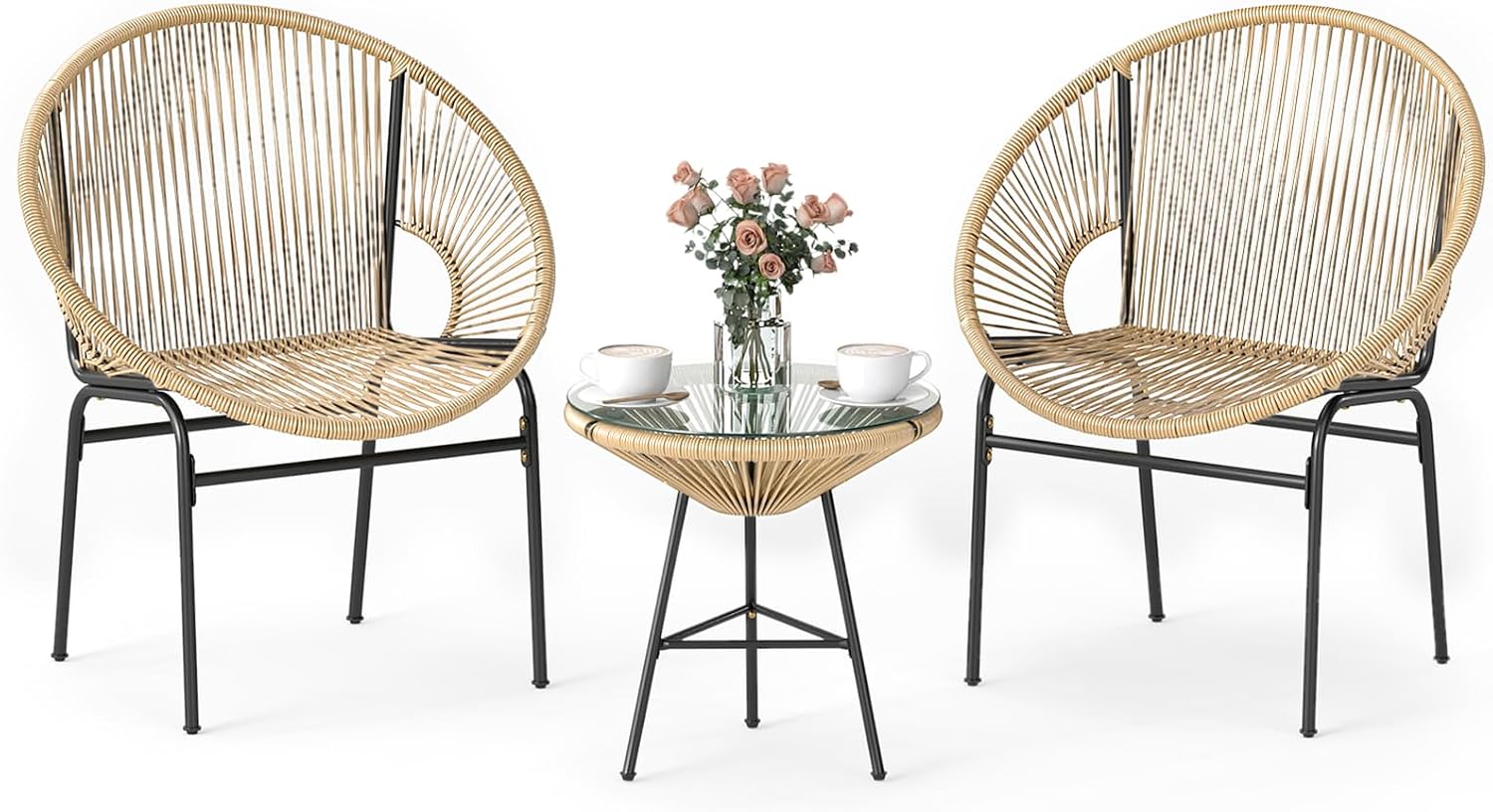 Tangkula 3 Piece Outdoor Patio Furniture Set, Acapulco Chair Set w/Plastic Rope, Tempered Glass Table, All Weather Patio Bistro Set for Patio, Lawn, Garden, Backyard (Brown)