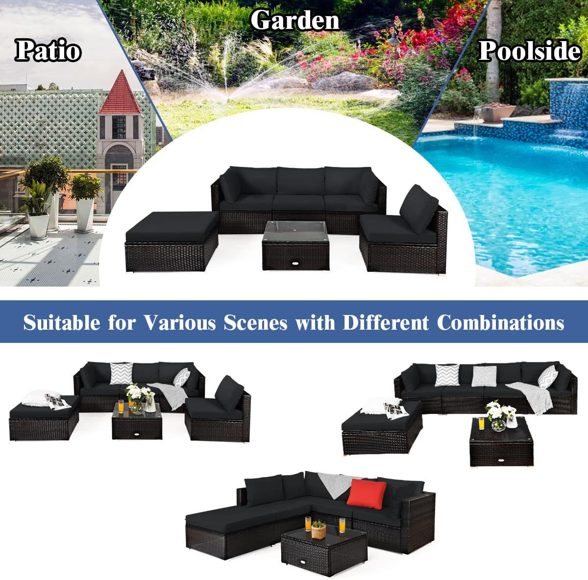 Tangkula 6 Piece Patio Furniture Set, Outdoor Deck Lawn Backyard Durable Steel Frame PE Rattan Wicker Sectional Sofa Set, Conversation Set with Coffee Table (Black)