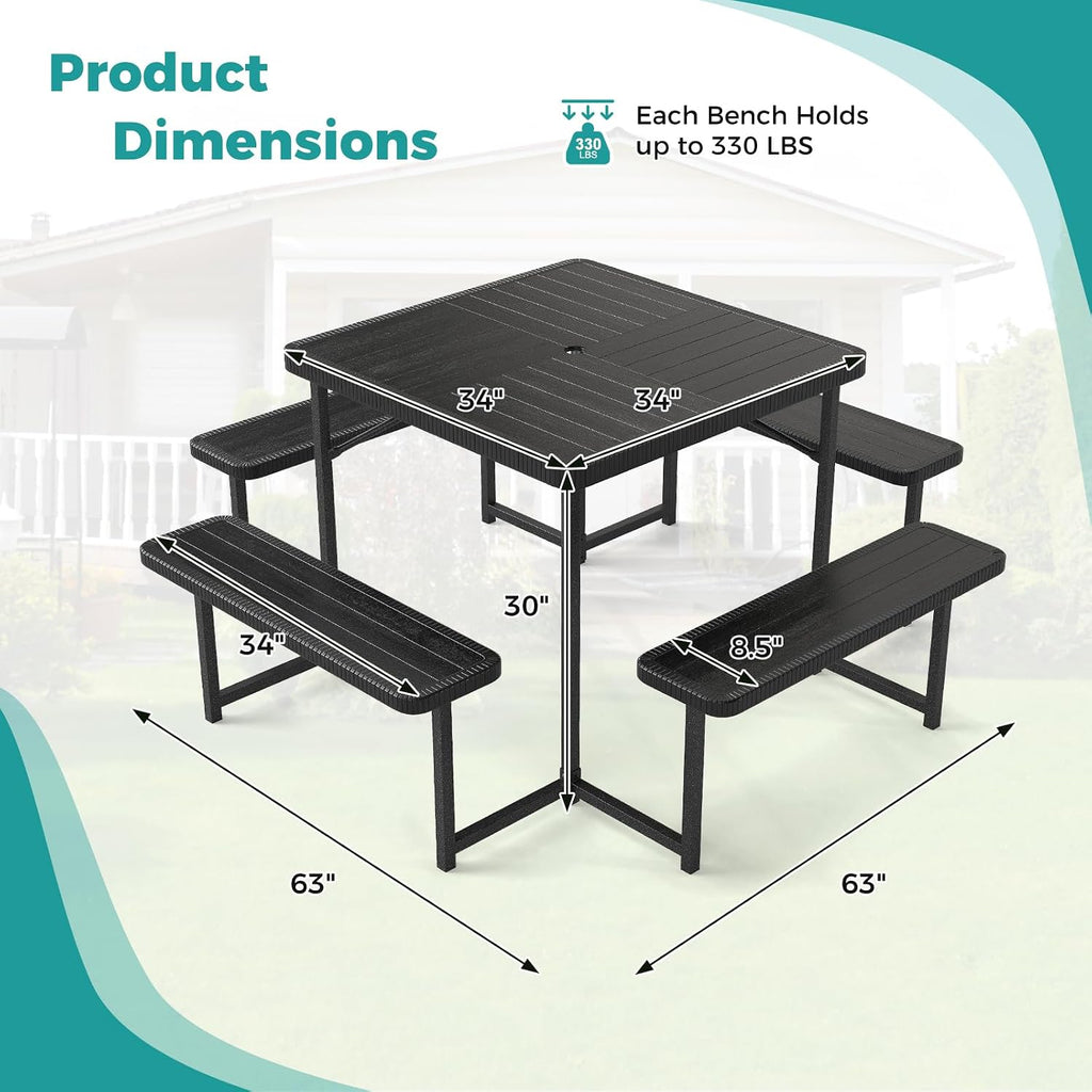 Giantex Picnic Table Bench Set for 4-8 People, 34' Outdoor Square Dining Table & 2 Benches w/Umbrella Hole, HDPE Tabletop, Metal Frame, Patio Camping Furniture for Backyard Porch Lawn (Black,Square)