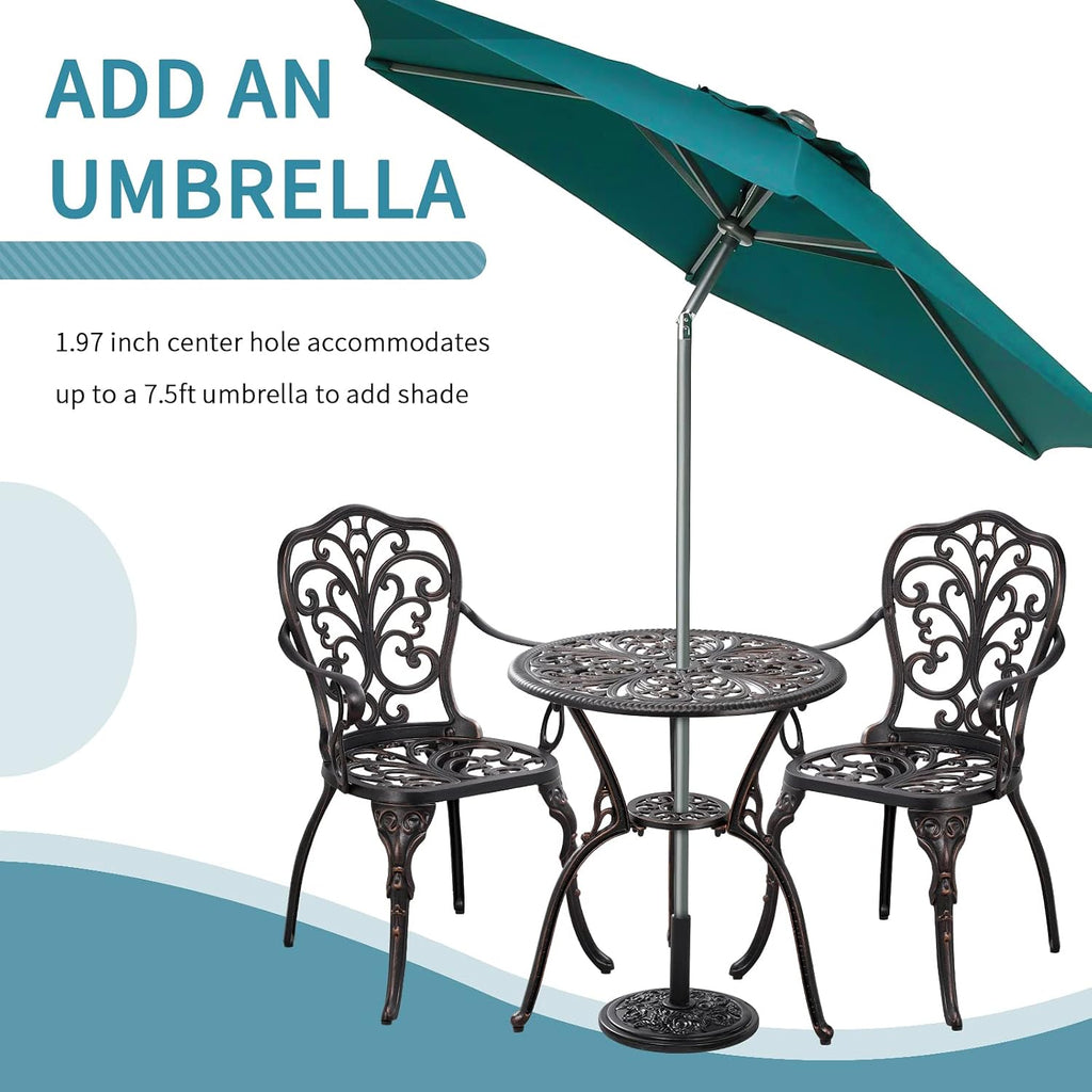 Bistro Set 3 Piece Outdoor Bistro Table and Chair Set of 2 Cast Aluminum Patio Furniture with Umbrella Hole,Patio Bistro Table Sets for Garden,Yard(Brown)